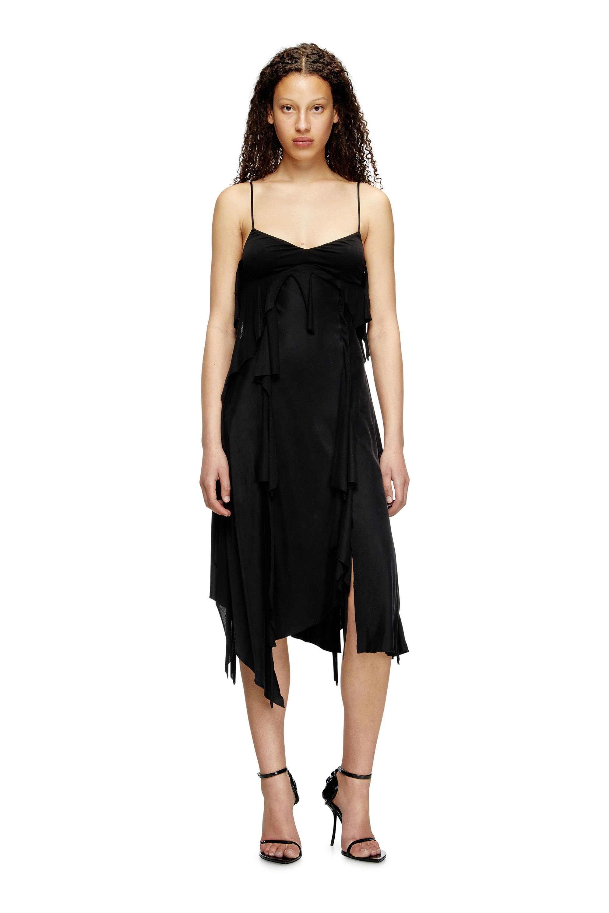 Diesel - D-ANCER, Vestido de satén con volantes de corte sin rematar Mujer in Negro - 2
