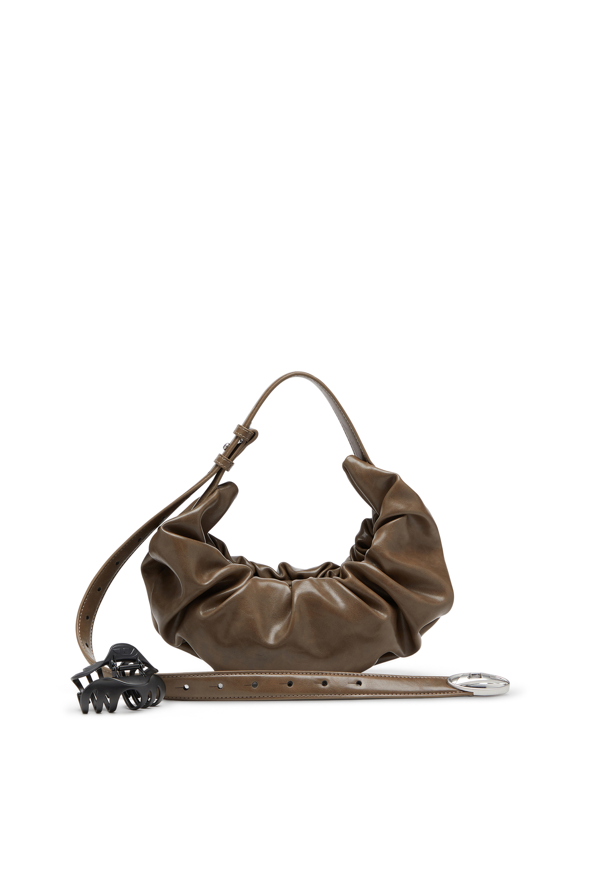 Diesel - GRAB-D HOBO S, Bolso hobo pequeño fruncido en PU brillante Mujer in Marrón - 2