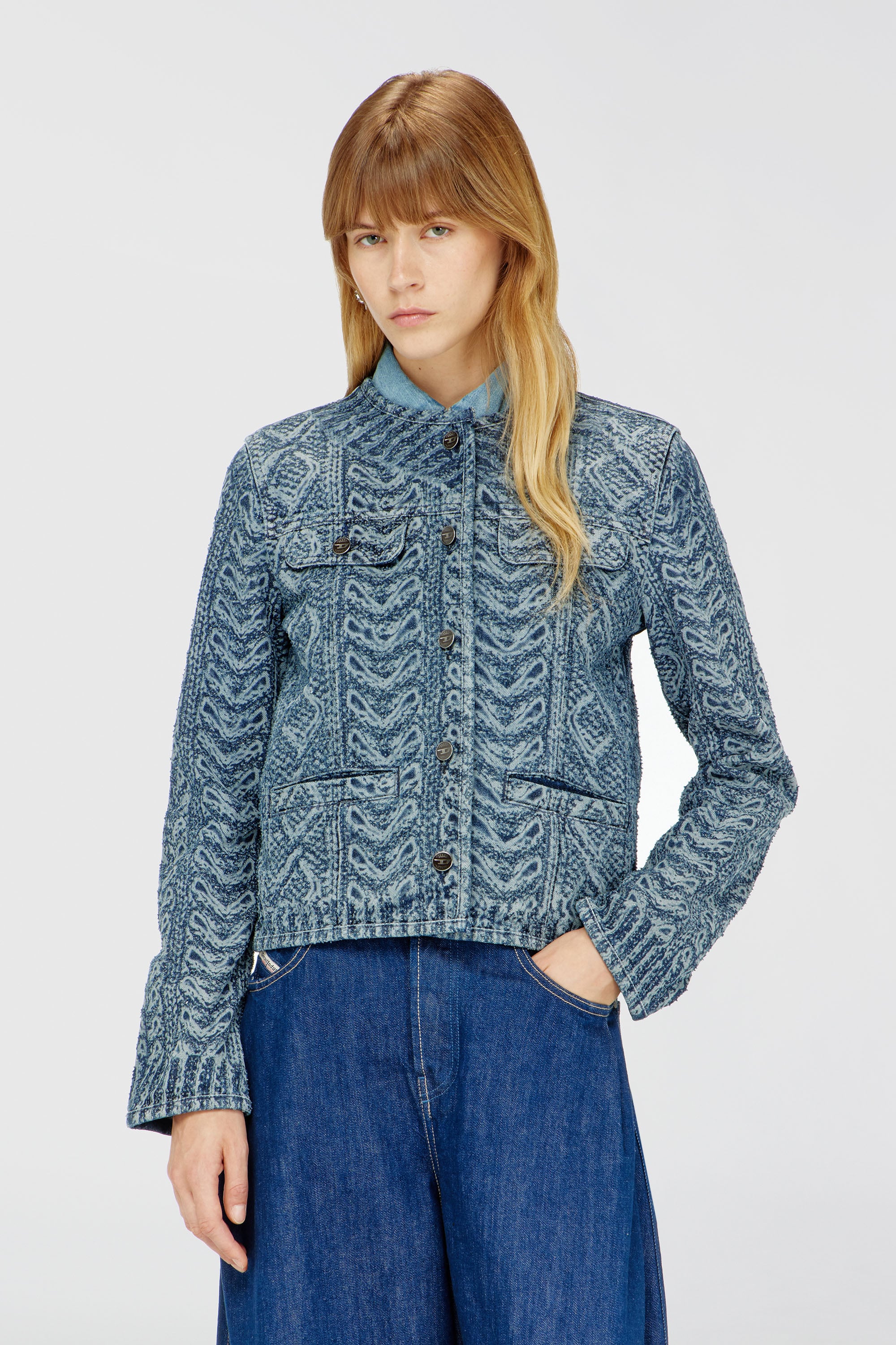 Diesel - DE-GRAFY-S2, Chaqueta sin cuello de denim con efecto punto trenzado Mujer in Azul marino - 1