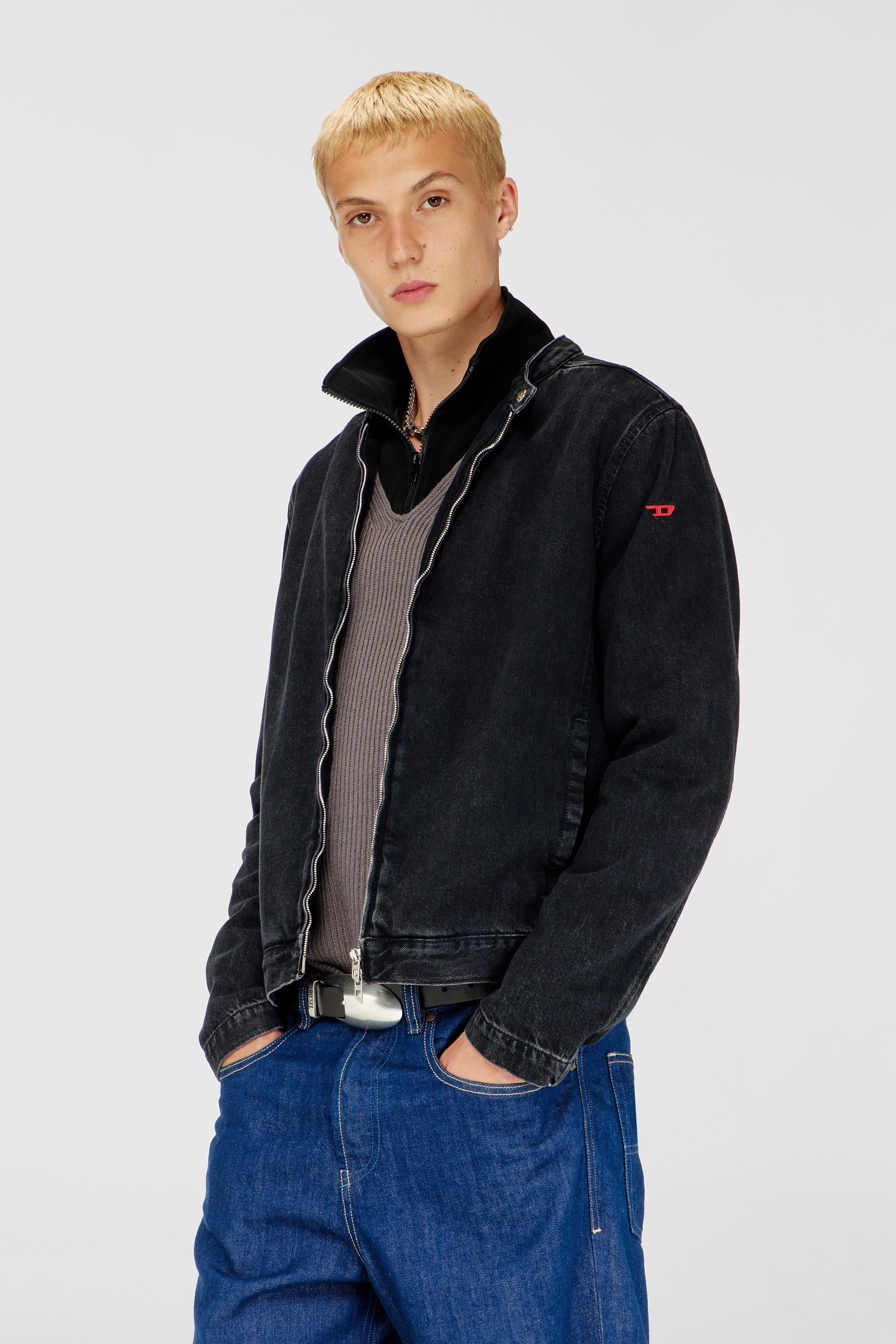 Diesel - D-GLORY, Chaqueta biker de denim con lavado oscuro Hombre in Negro - 1