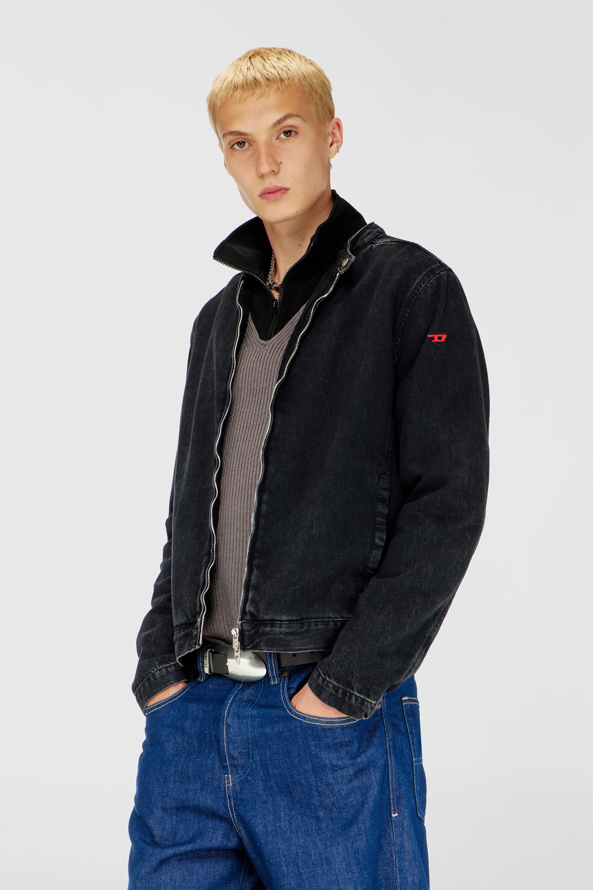 Diesel - D-GLORY, Chaqueta biker de denim con lavado oscuro Hombre in Negro - 3