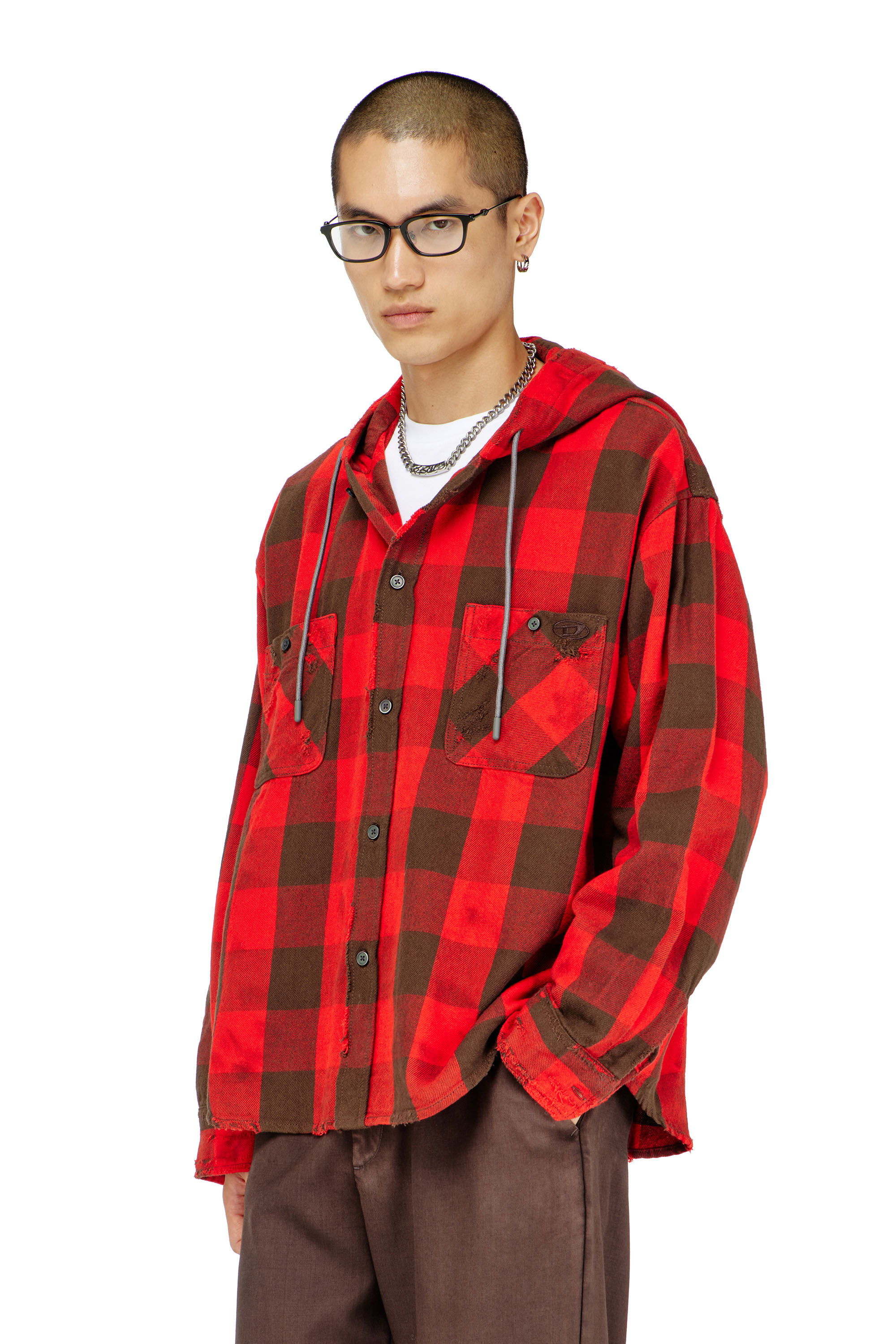Diesel - S-DRUM-HOODY, Camisa con capucha efecto desgastado en franela de cuadros Hombre in ToBeDefined - 1