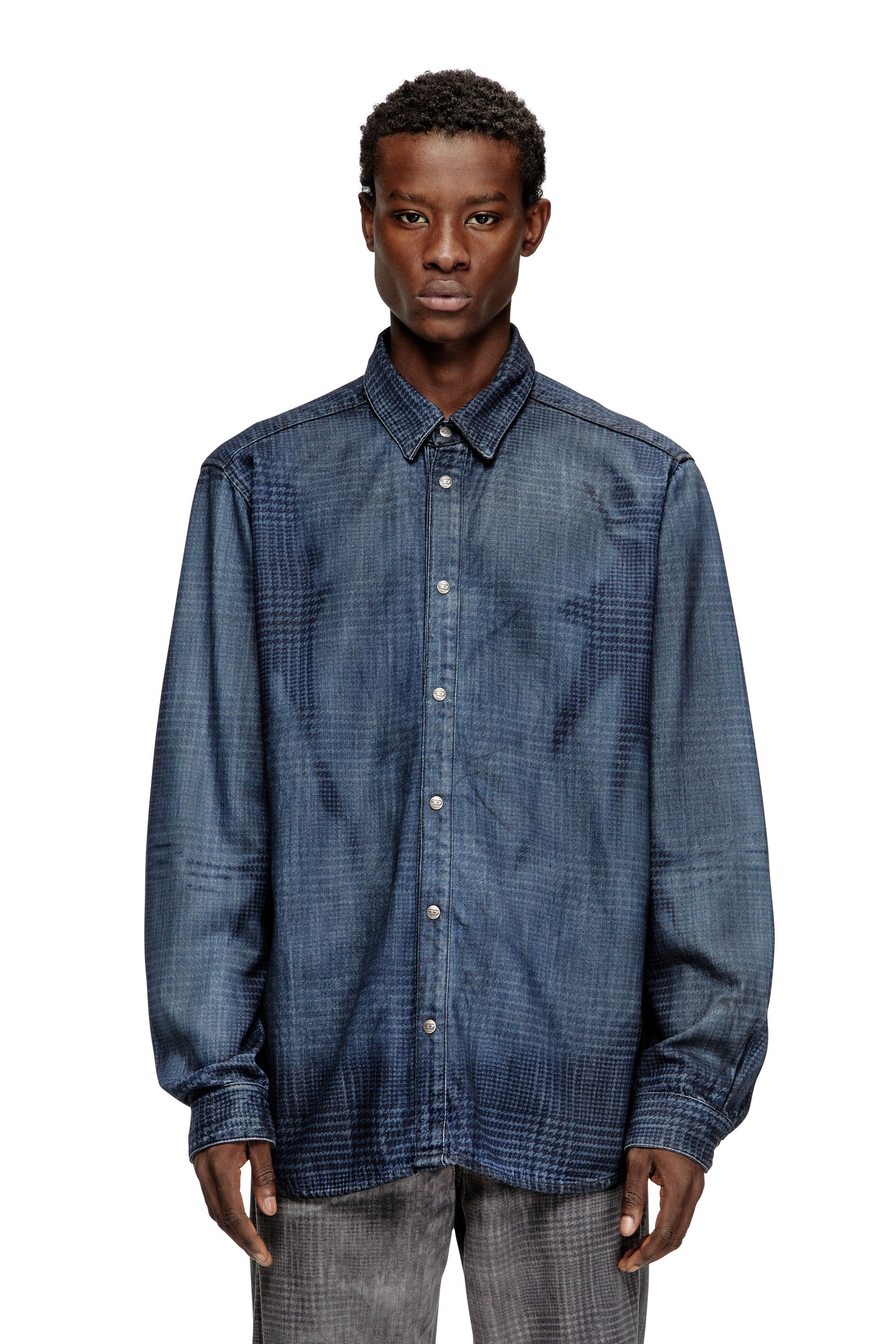 Diesel - D-SIMPLY-S13, Camisa de denim fluido con estampado Príncipe de Gales Hombre in Azul marino - 1