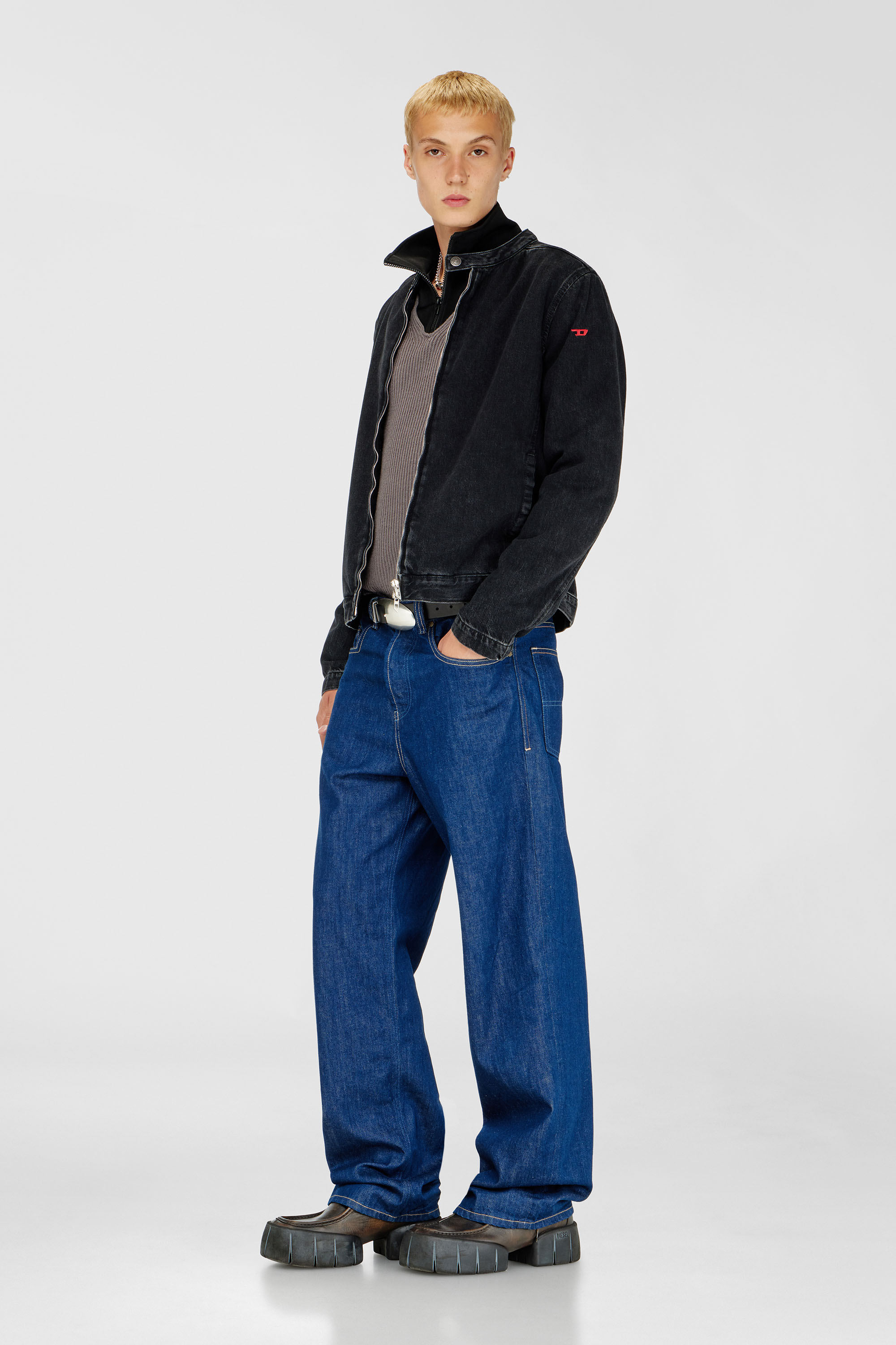 Diesel - D-GLORY, Chaqueta biker de denim con lavado oscuro Hombre in Negro - 1