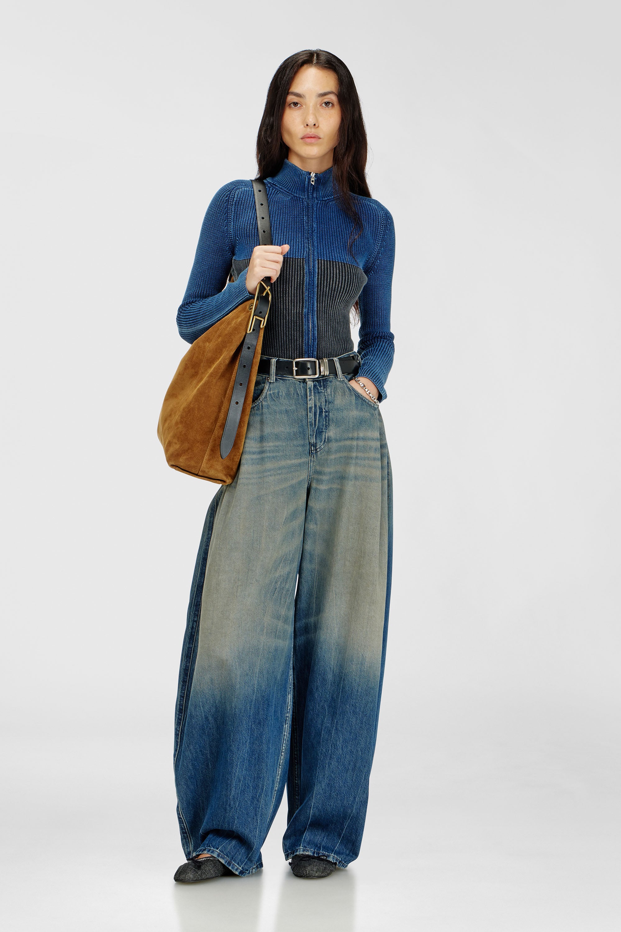 Diesel - M-HERMOSITA, C&aacute;rdigan con cremallera y efecto denim bicolor Mujer in Multicolor - 2