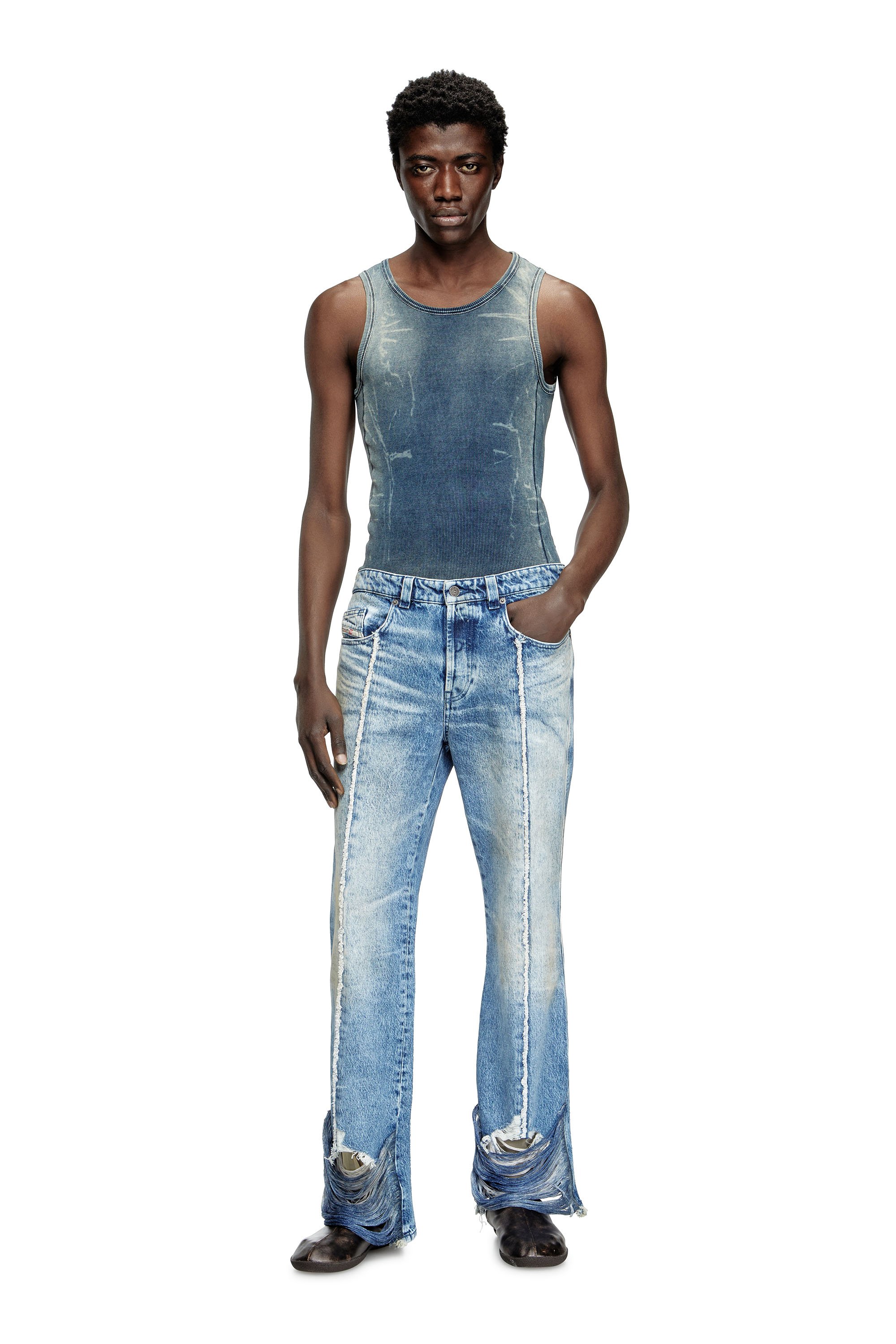 Diesel - T-GO, Camiseta de canalé con efecto trampantojo en denim Unisex in Azul marino - 2