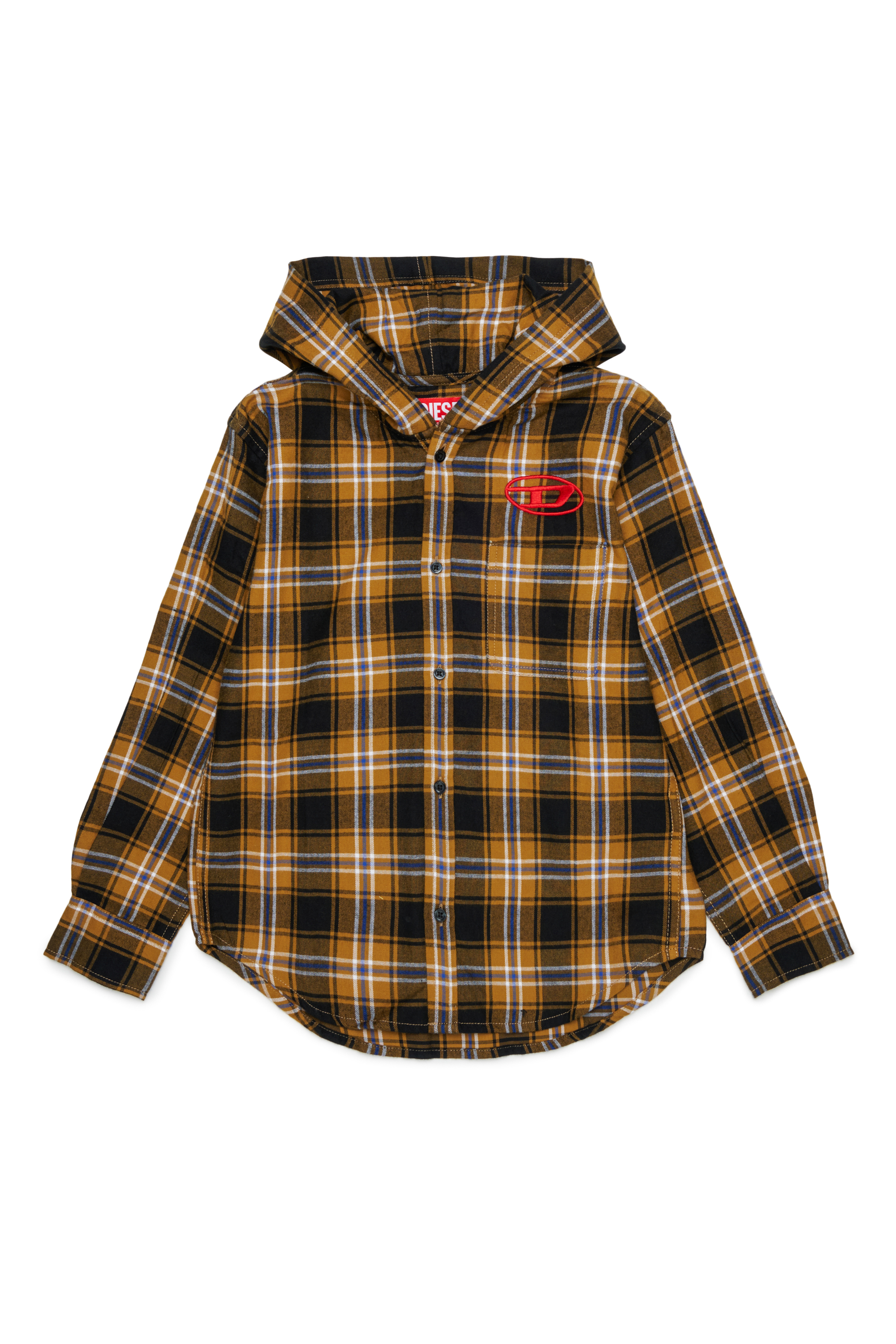 Diesel - CHECK OVER, Camisa de cuadros con capucha y Logo Oval D bordado Hombre in Marr&oacute;n - 1