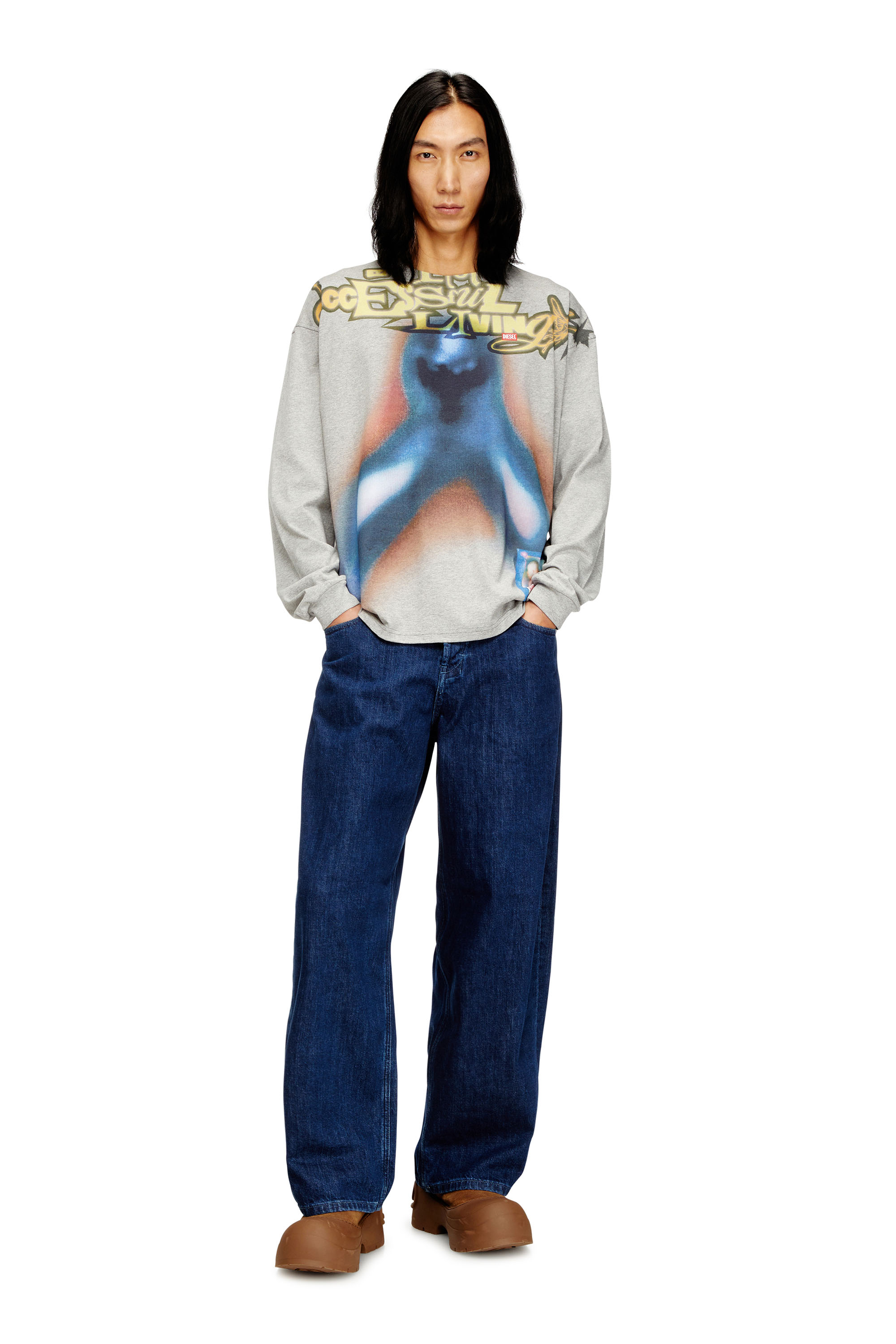 Diesel - T-BOXT-LS-V1, Man's Cotton T-shirt with digital print in Blue/Grey - 2