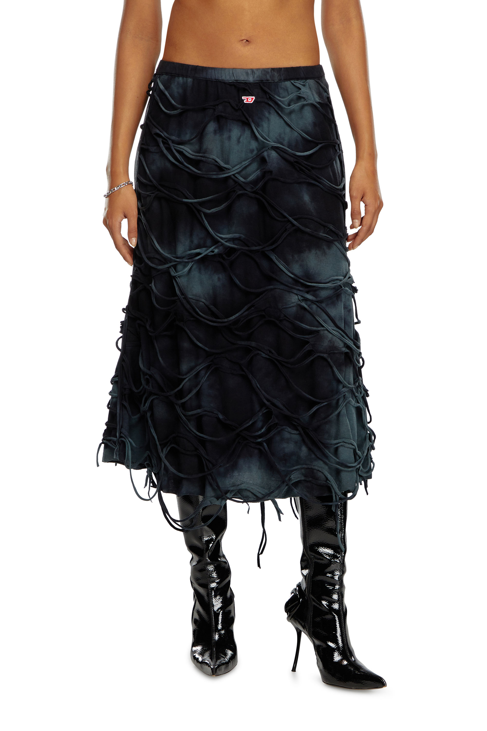 Diesel - O-JAL, Mujer Falda midi con mechas flotantes in Negro - Image 1