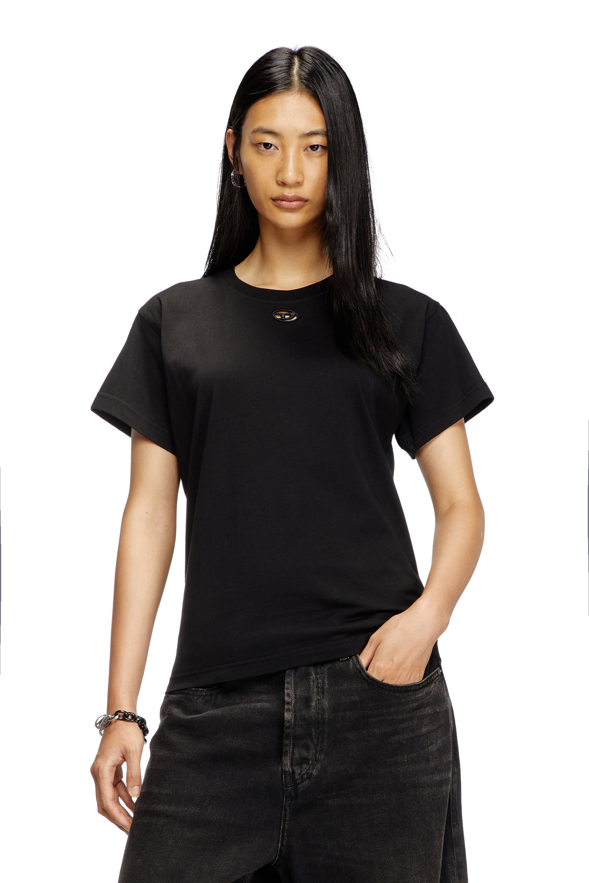 Diesel - T-MAREY, Camiseta con pequeño logotipo Oval D Mujer in Negro - 1