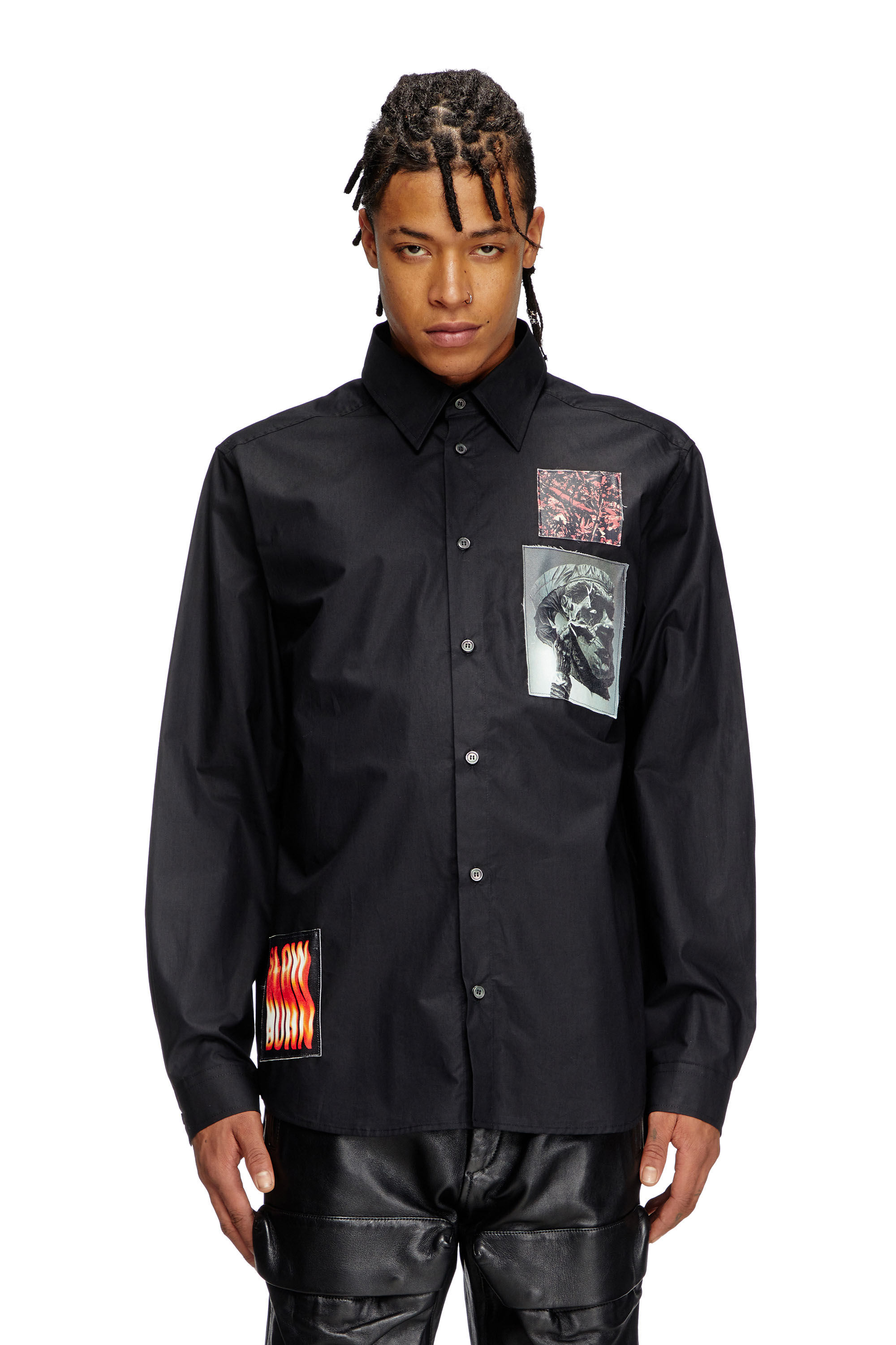 Diesel - S-HARVEY, Camisa de popelina de algodón con parches Hombre in Negro - 1