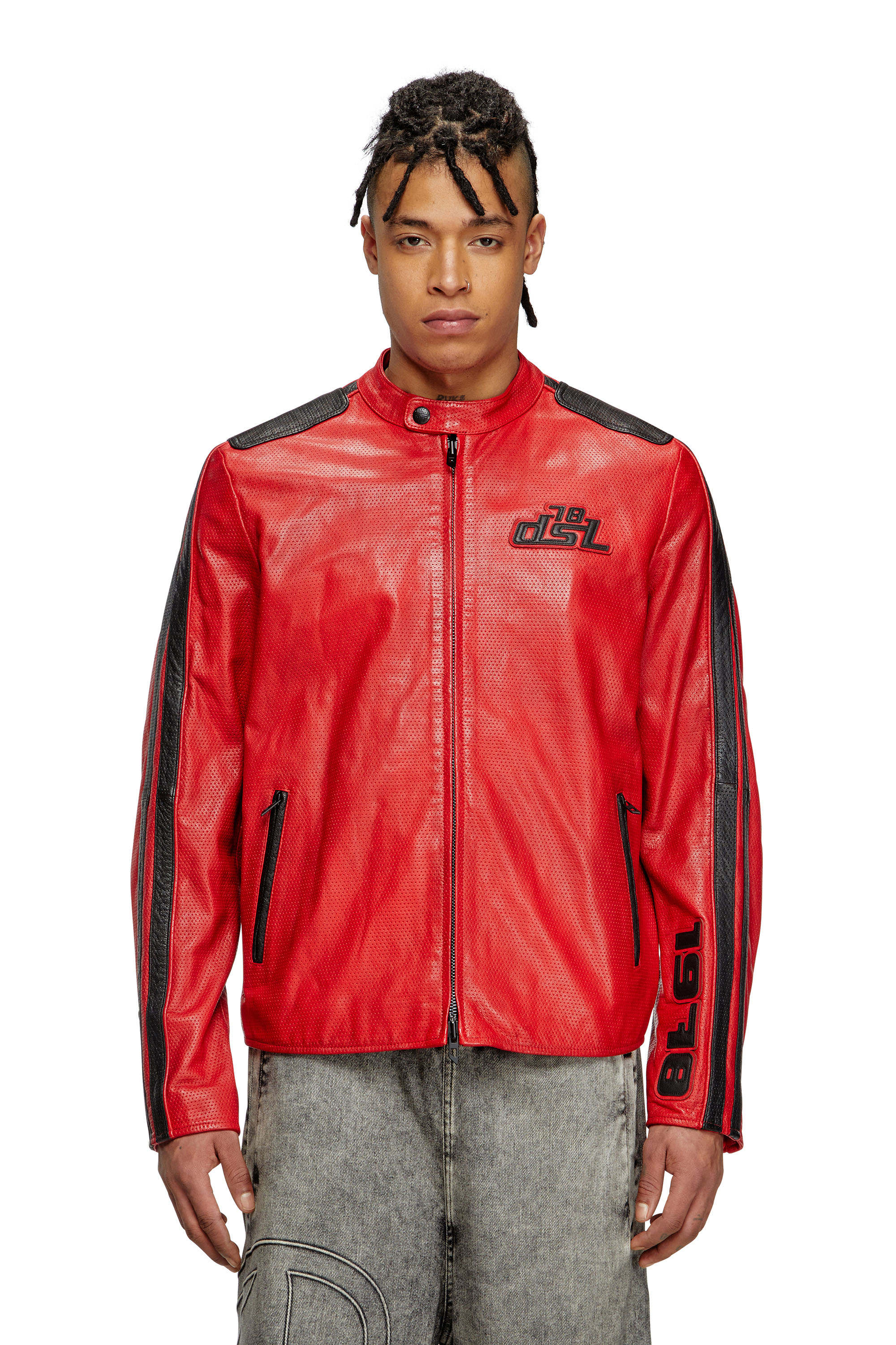 Diesel - L-POP, Chaqueta de motorista de cuero perforado Unisex in Rojo - 2