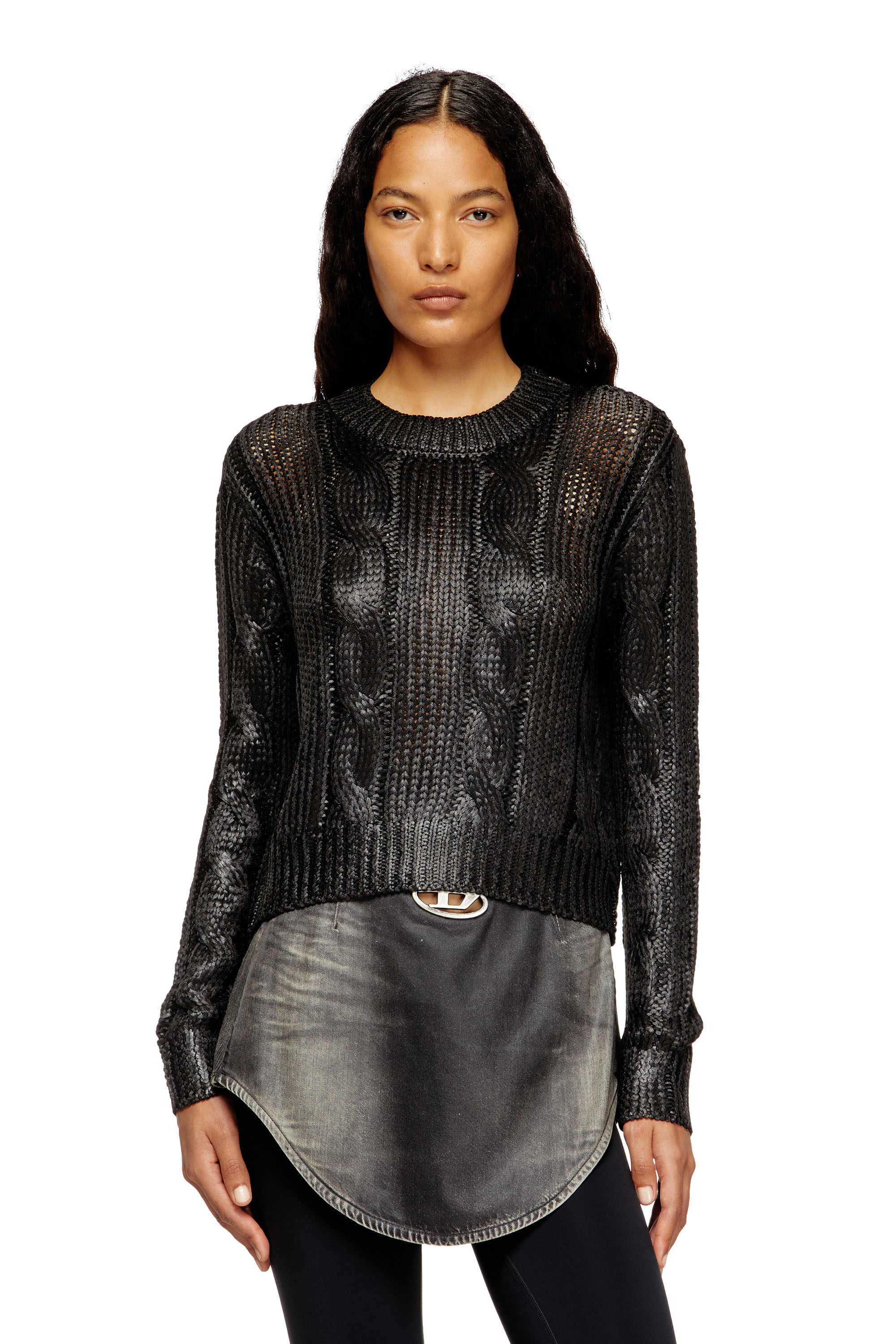 Diesel - M-MICCHA, Jersey de punto trenzado con efecto brillante Mujer in Negro - 1
