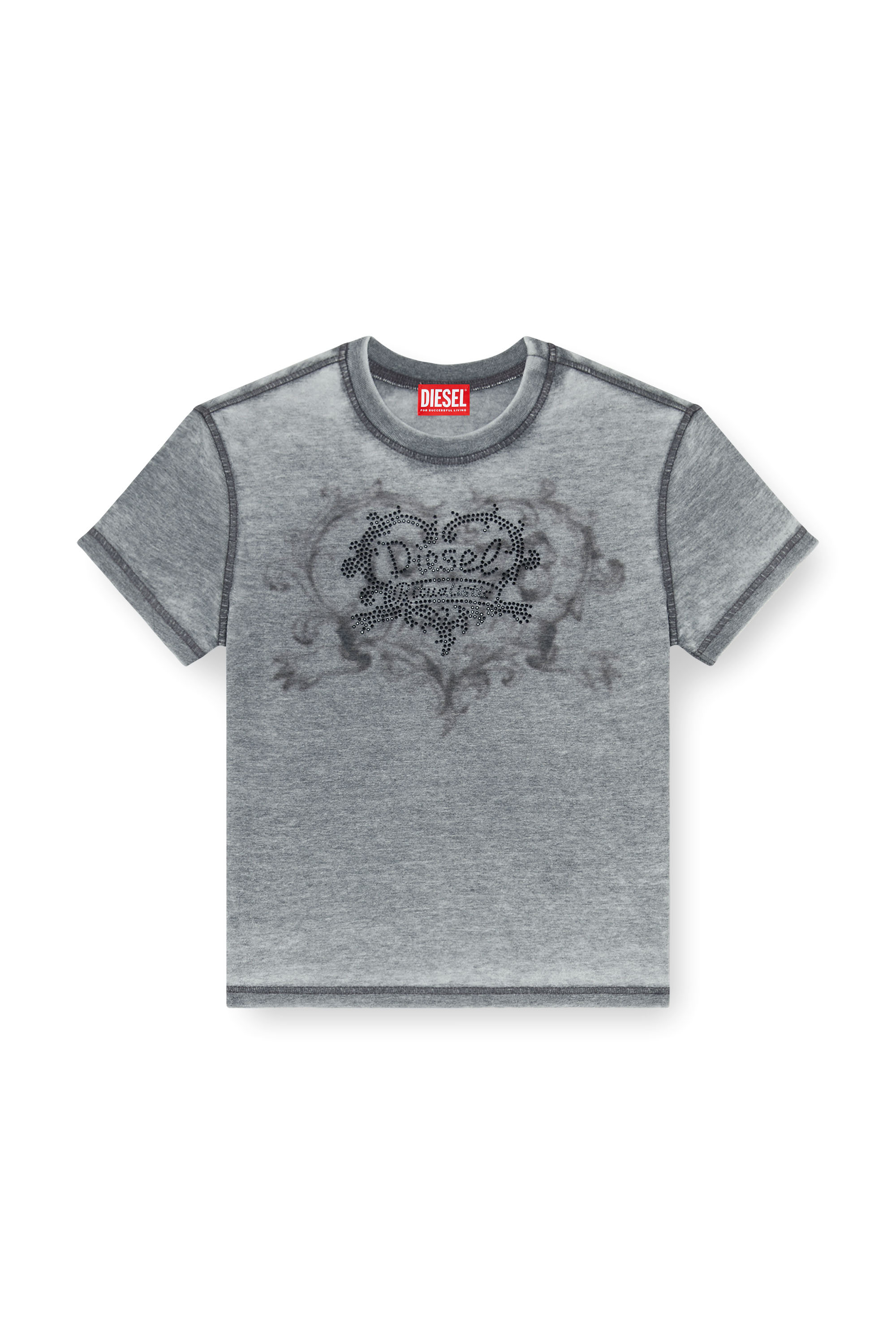 Diesel - T-ILA-AA1, Camiseta de jersey con strass y burnout effect Mujer in Gris - 3