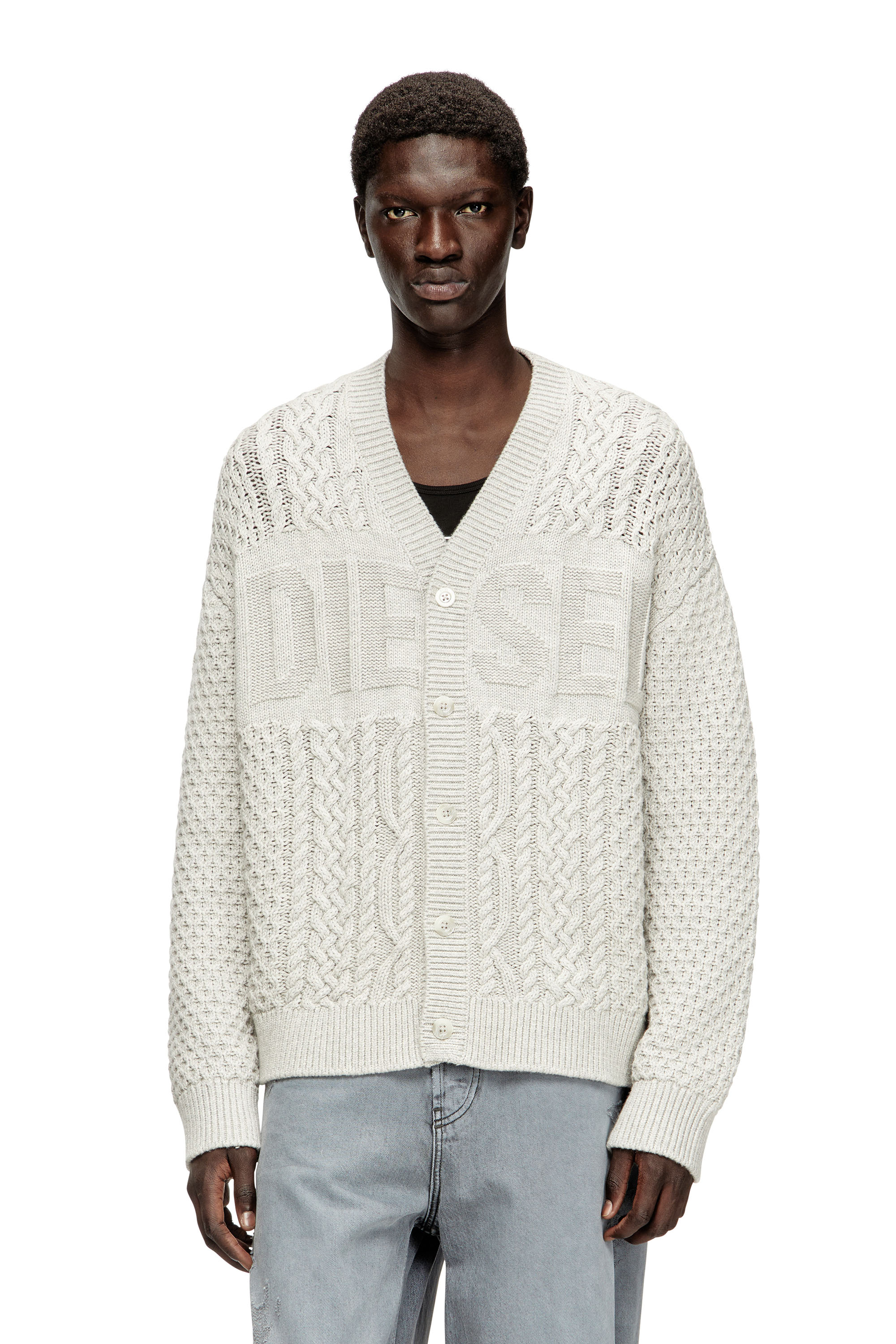 Diesel - K-ANTOINE, Cable-knit cardigan with Diesel logo Hombre in Gris - 1