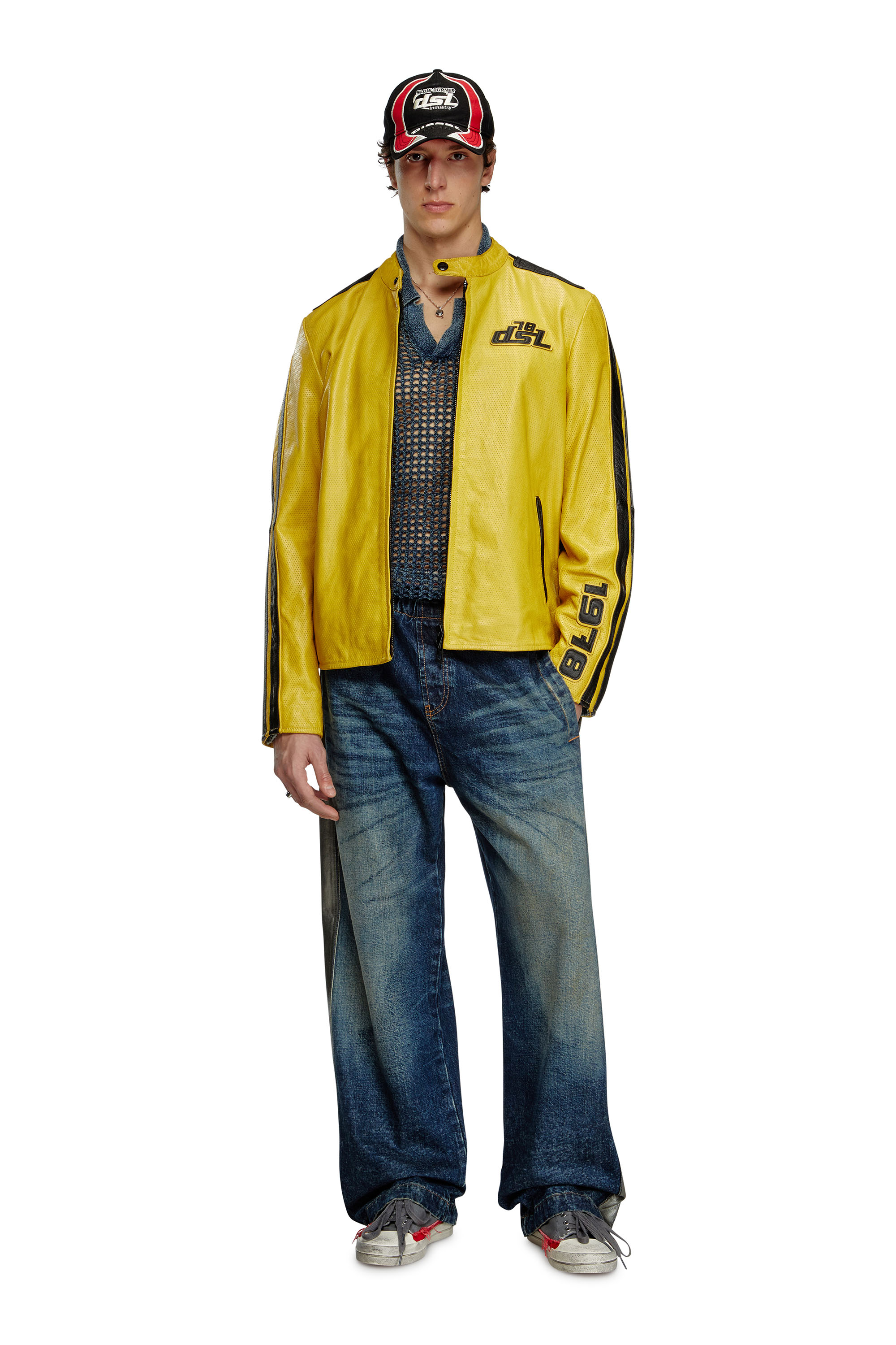 Diesel - L-POP, Chaqueta de motorista de cuero perforado Unisex in Amarillo - 1
