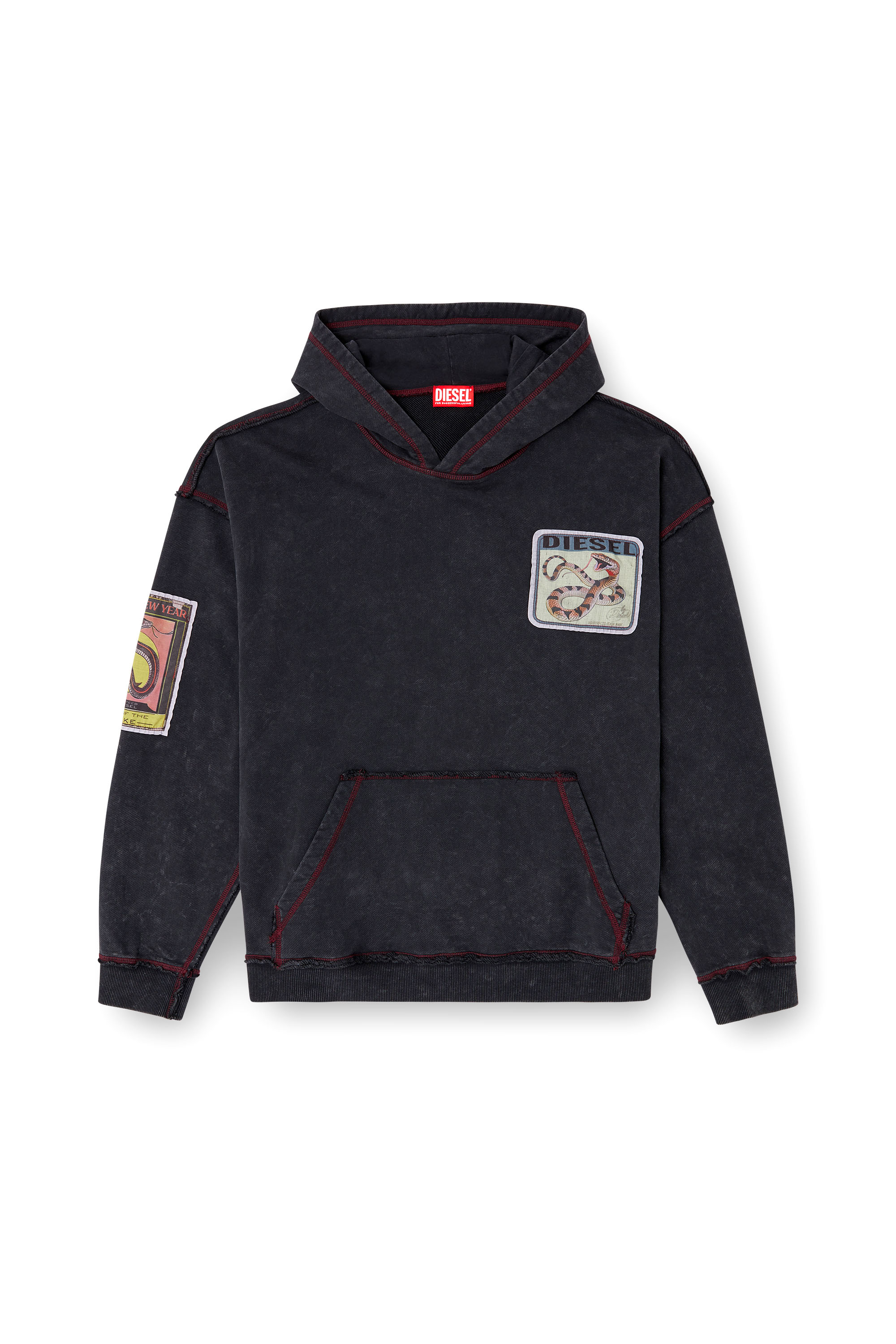 Diesel - CL-S-BOXT-HOOD-SNAKE, Unisex's Treated hoodie with snake patches in Black - 2