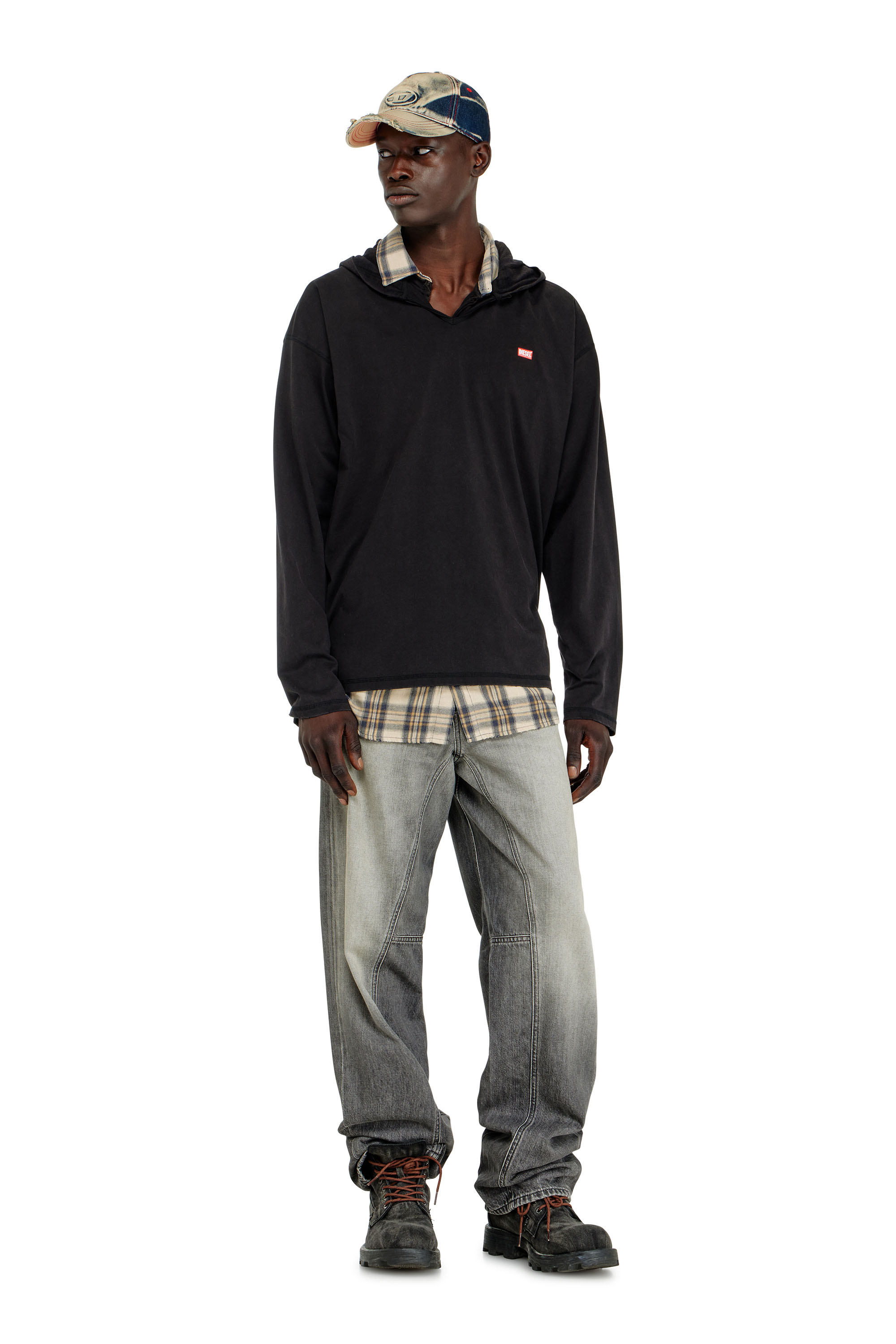 Diesel - T-BOXT-LS-HOOD-CHECK, Camiseta de manga larga con capucha de franela Hombre in Negro - 2