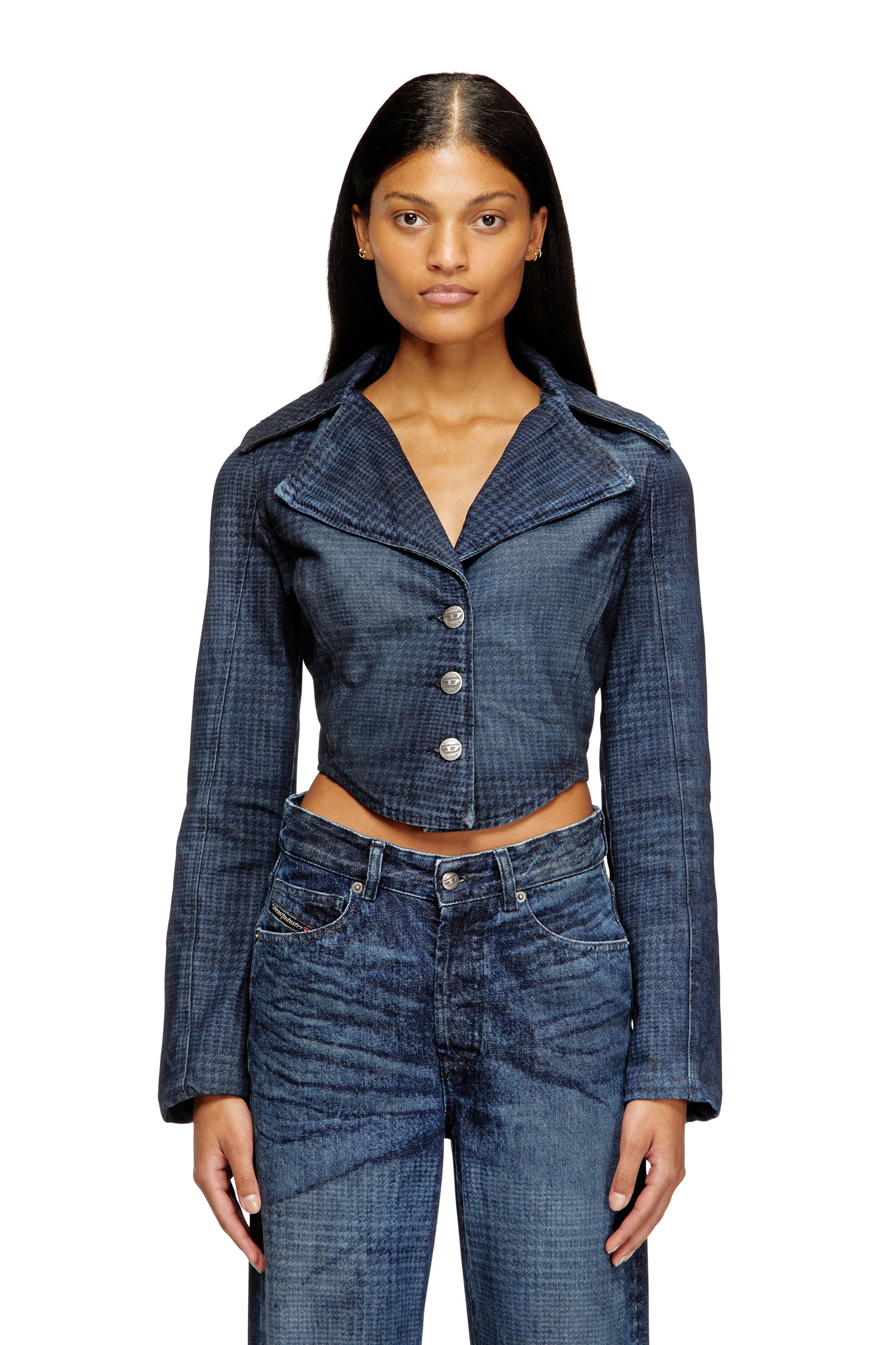 Diesel - DE-ALI-S, Woman's Cropped jacket in Prince of Wales denim in Dark Blue - 1