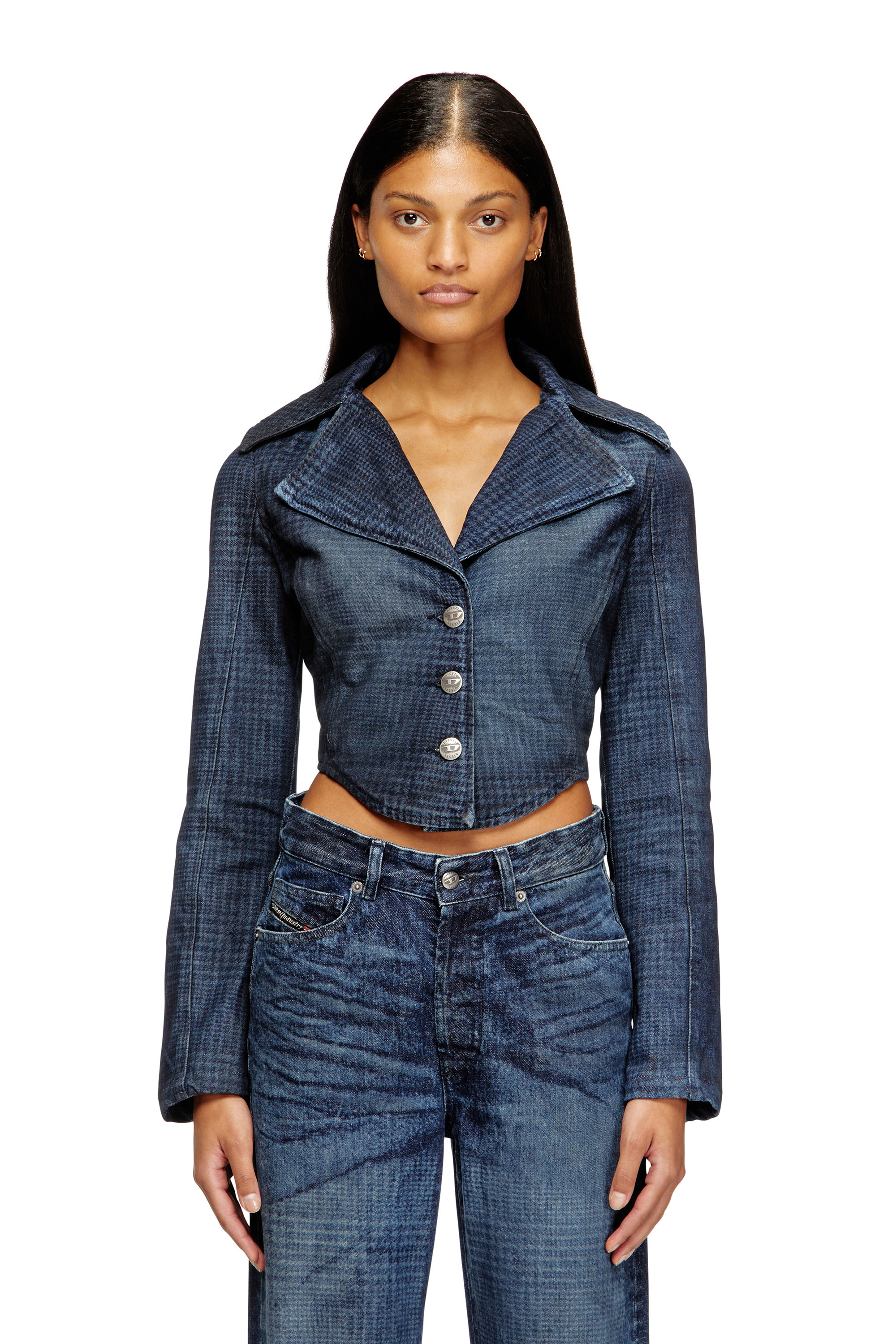 Diesel - DE-ALI-S, Chaqueta corta de denim príncipe de Gales Mujer in Azul marino - 3
