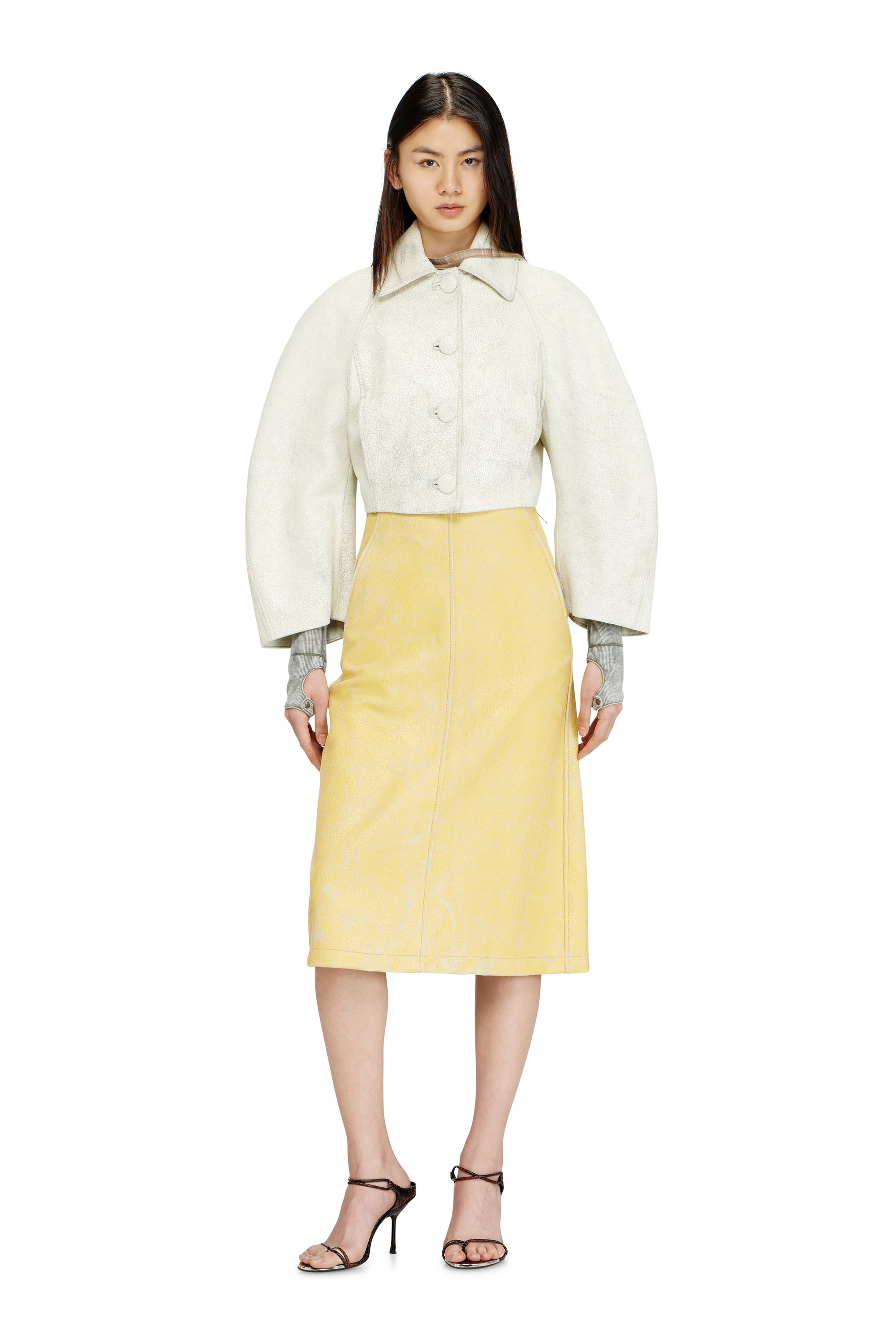 Diesel - L-ERINA, Falda midi l&aacute;piz de cuero craquelado Mujer in Amarillo - 2