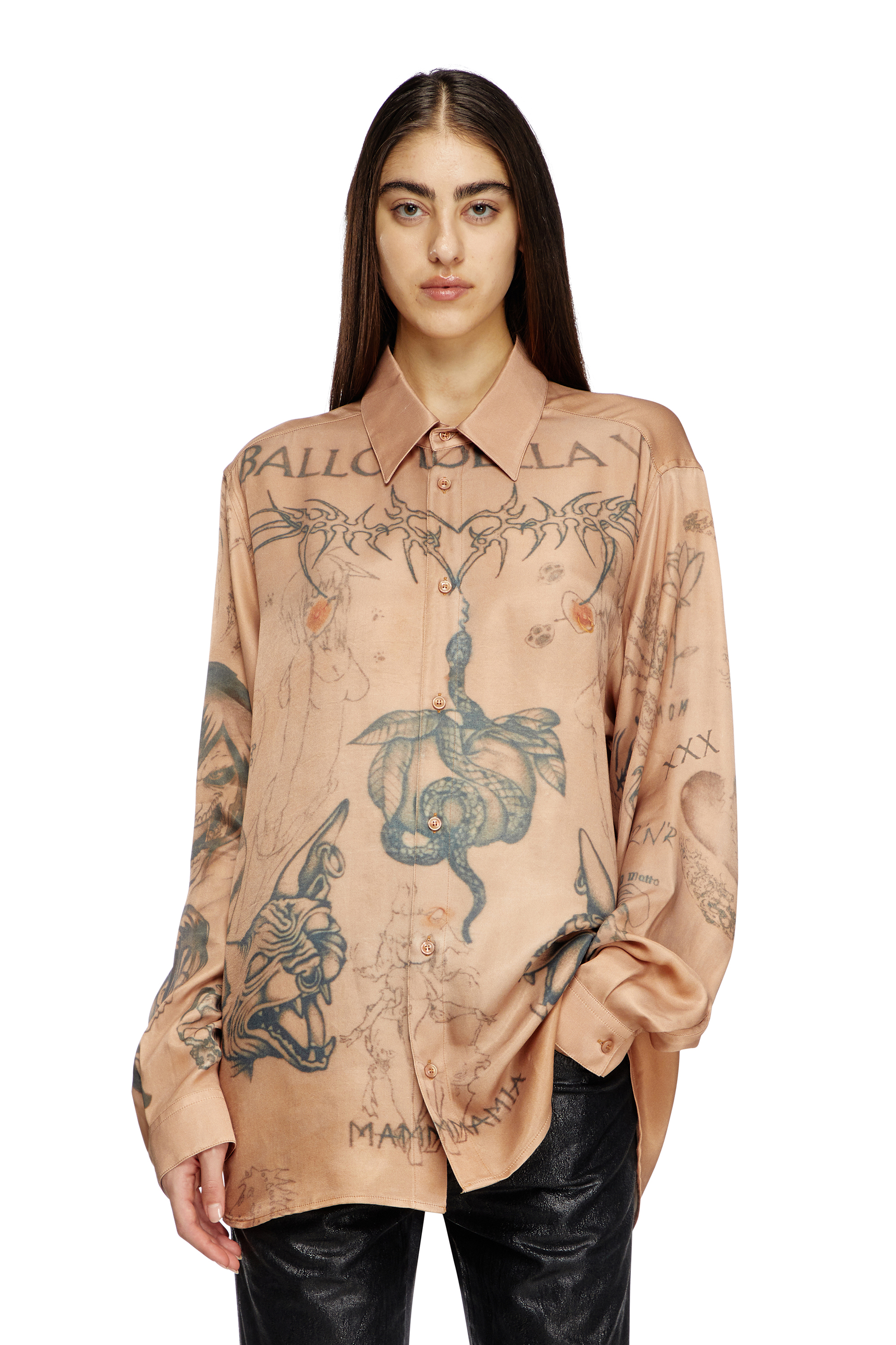 Diesel - S-SIMPLY-TTO-DD, Camisa de satén fluido con estampado de tatuaje Unisex in Beige - 7