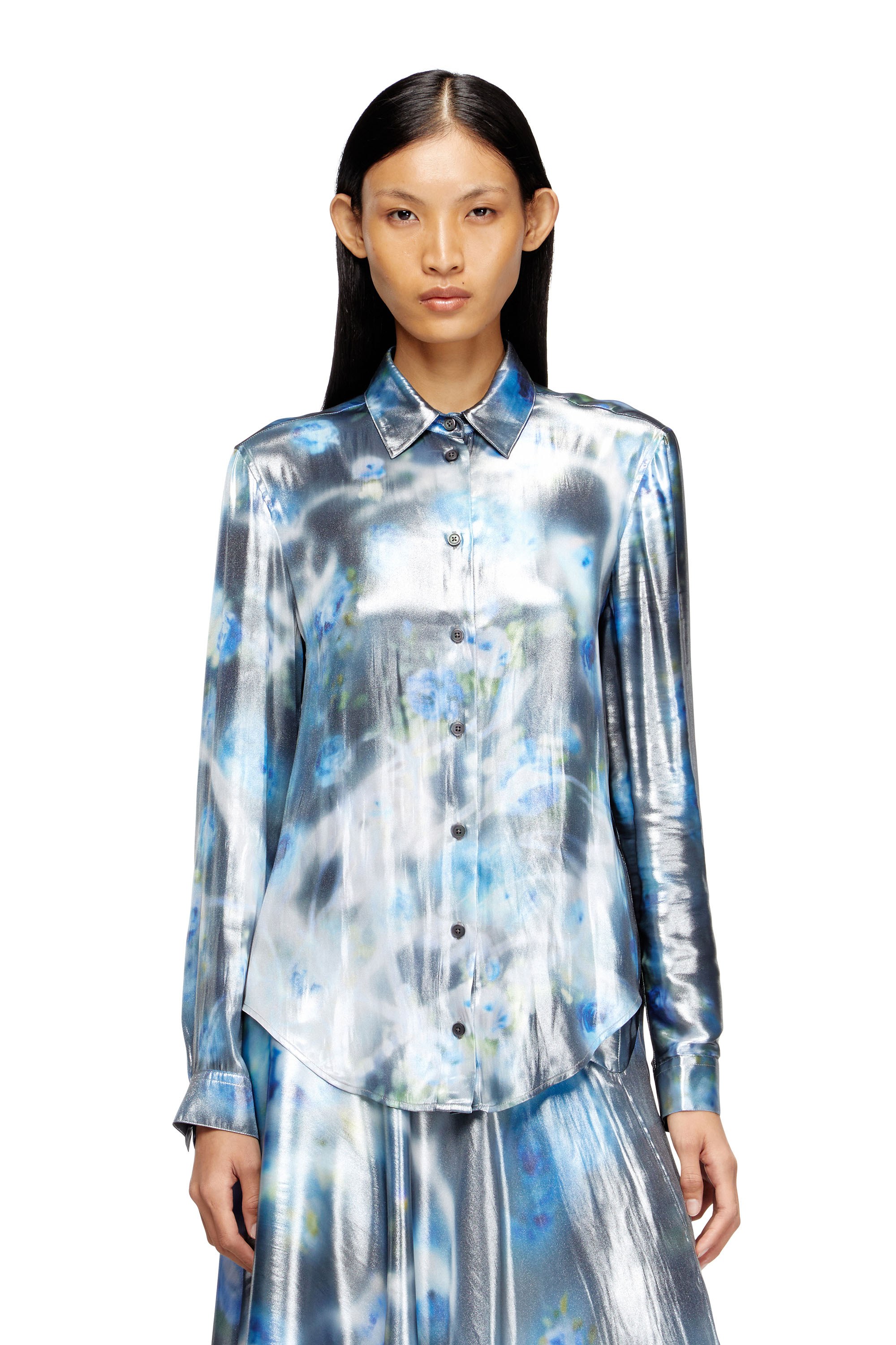 Diesel - C-RONOR-S2, Camisa metálica con estampado de rosas difusas Mujer in Azul marino - 1
