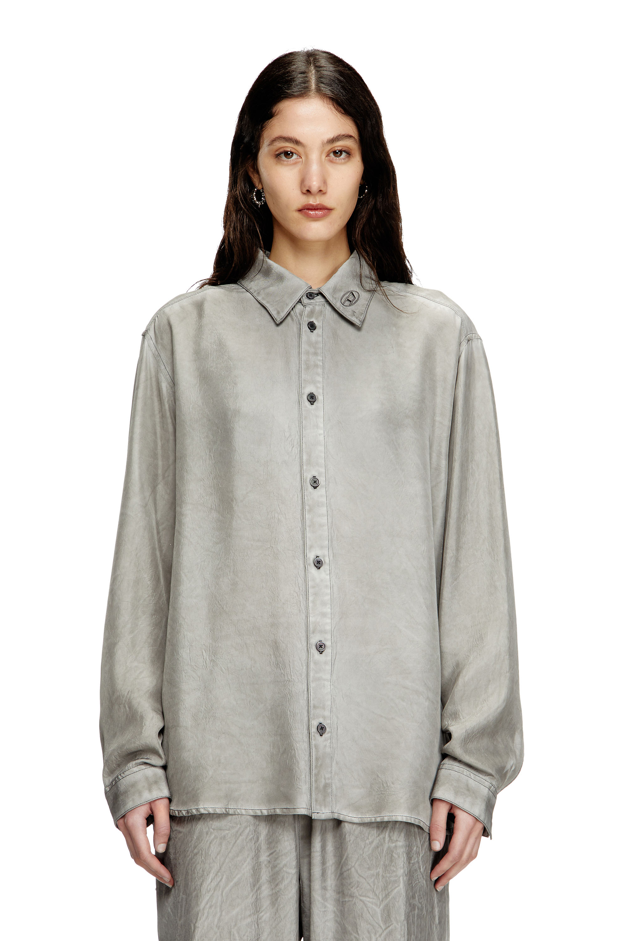 Diesel - S-LEON, Camisa de tejido fluido arrugada con cuello y logotipo Unisex in Gris - 5