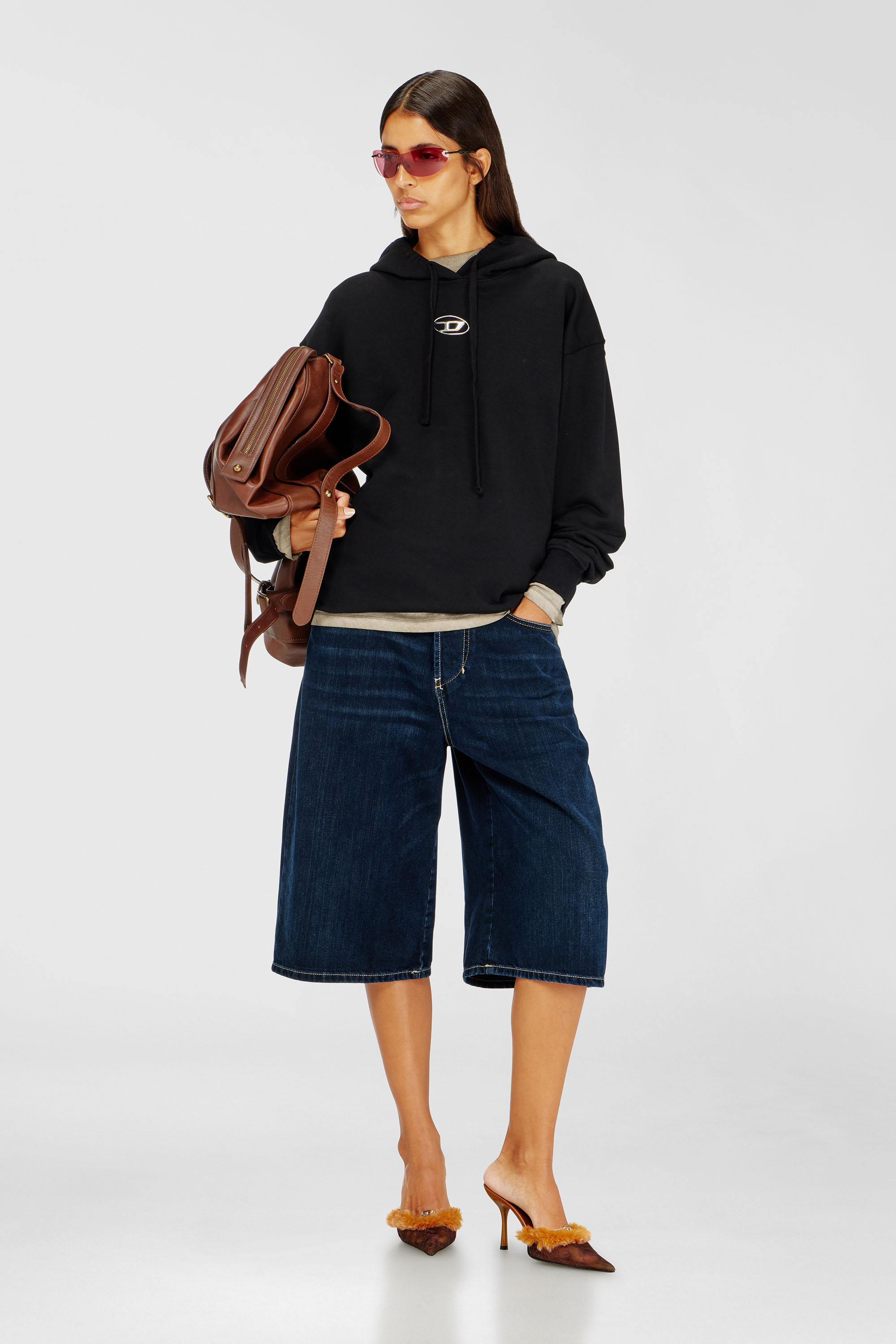 Diesel - F-BUXT-HOOD-OD, Sudadera con capucha con logotipo Oval D de efecto met&aacute;lico Mujer in Negro - 2