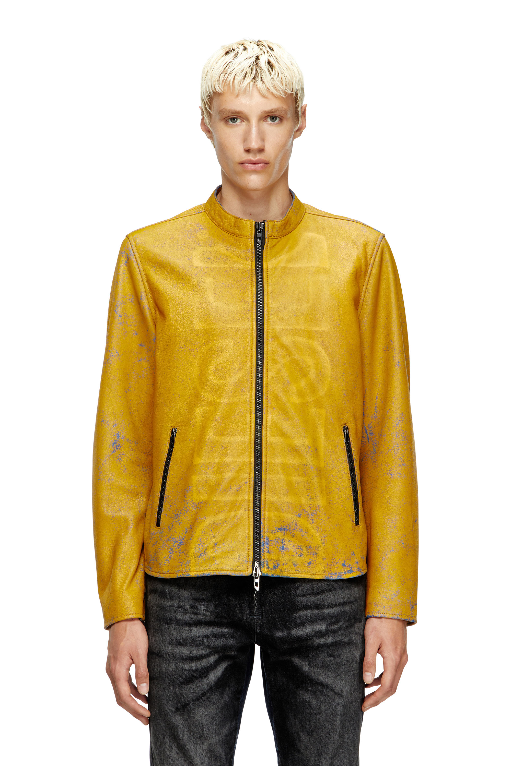 Diesel - L-EVERT-A, Chaqueta biker de cuero tratado con logotipo desteñido Hombre in Amarillo - 1