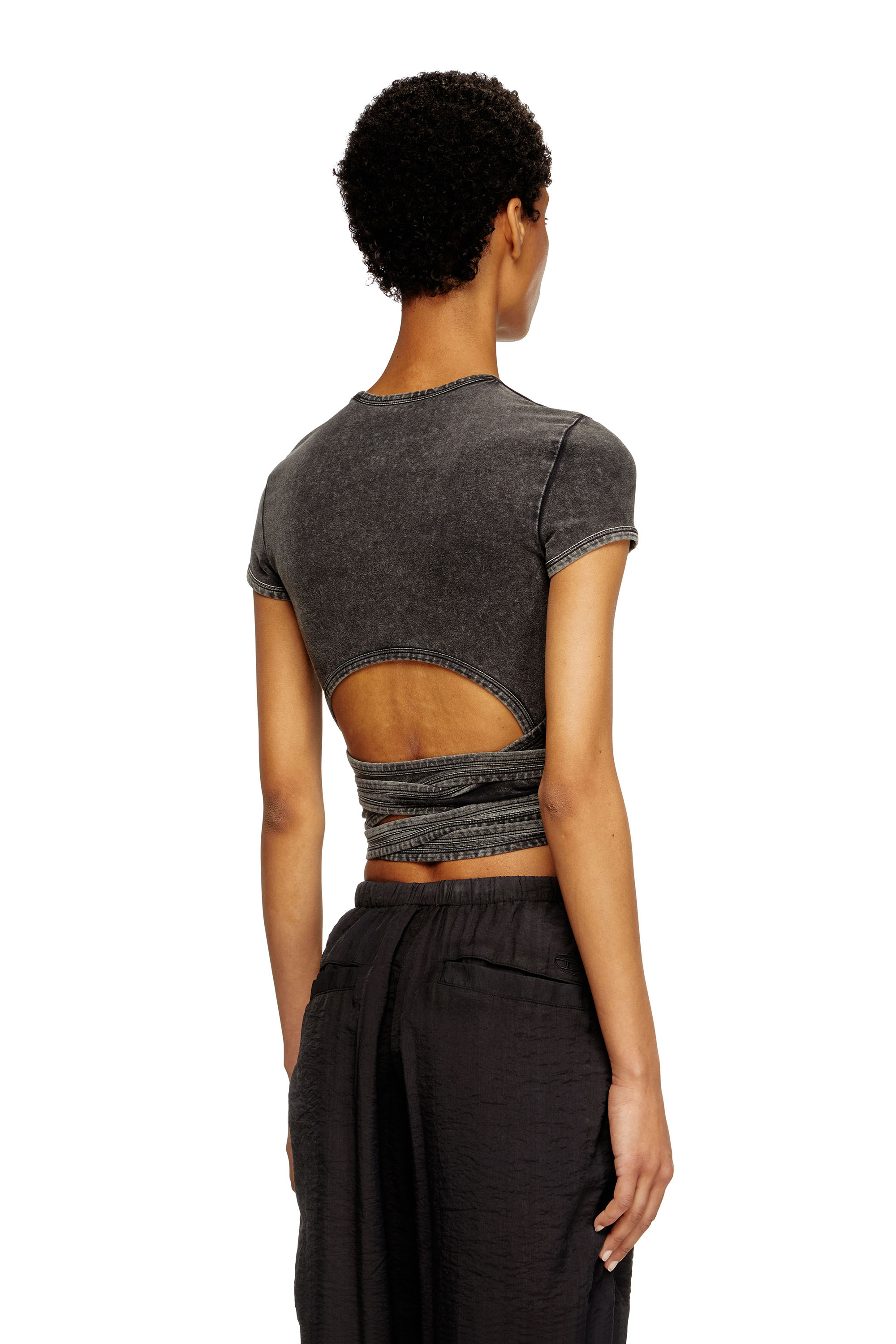 Diesel - T-BUNNY-TAIL-R1, Camiseta de aspecto denim con lazos cruzados Mujer in Negro - 4