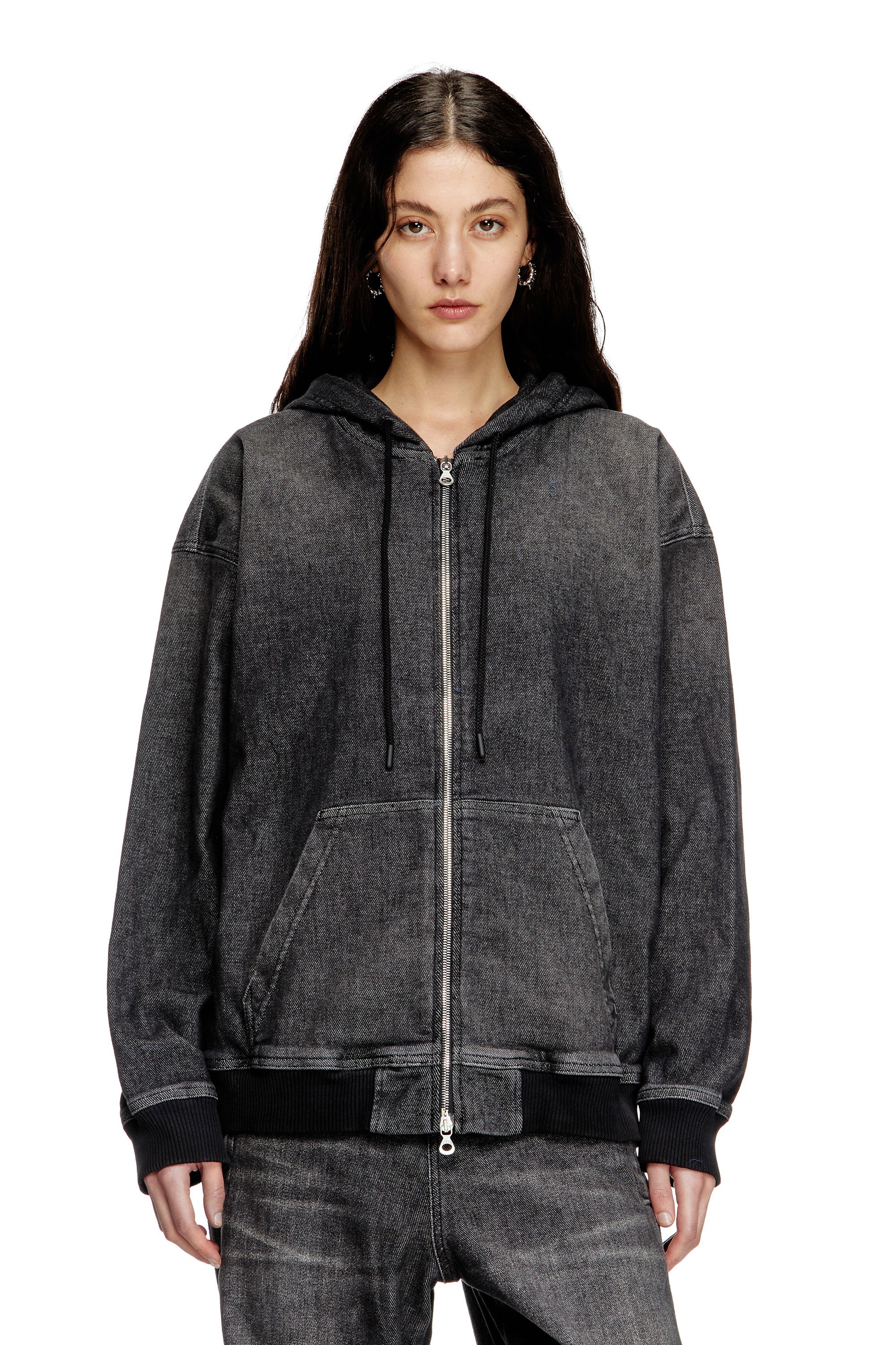 Diesel - D-GIRI-S TRACK, Sudadera con capucha y cremallera de Track Denim con efecto de suciedad Unisex in Negro - 1