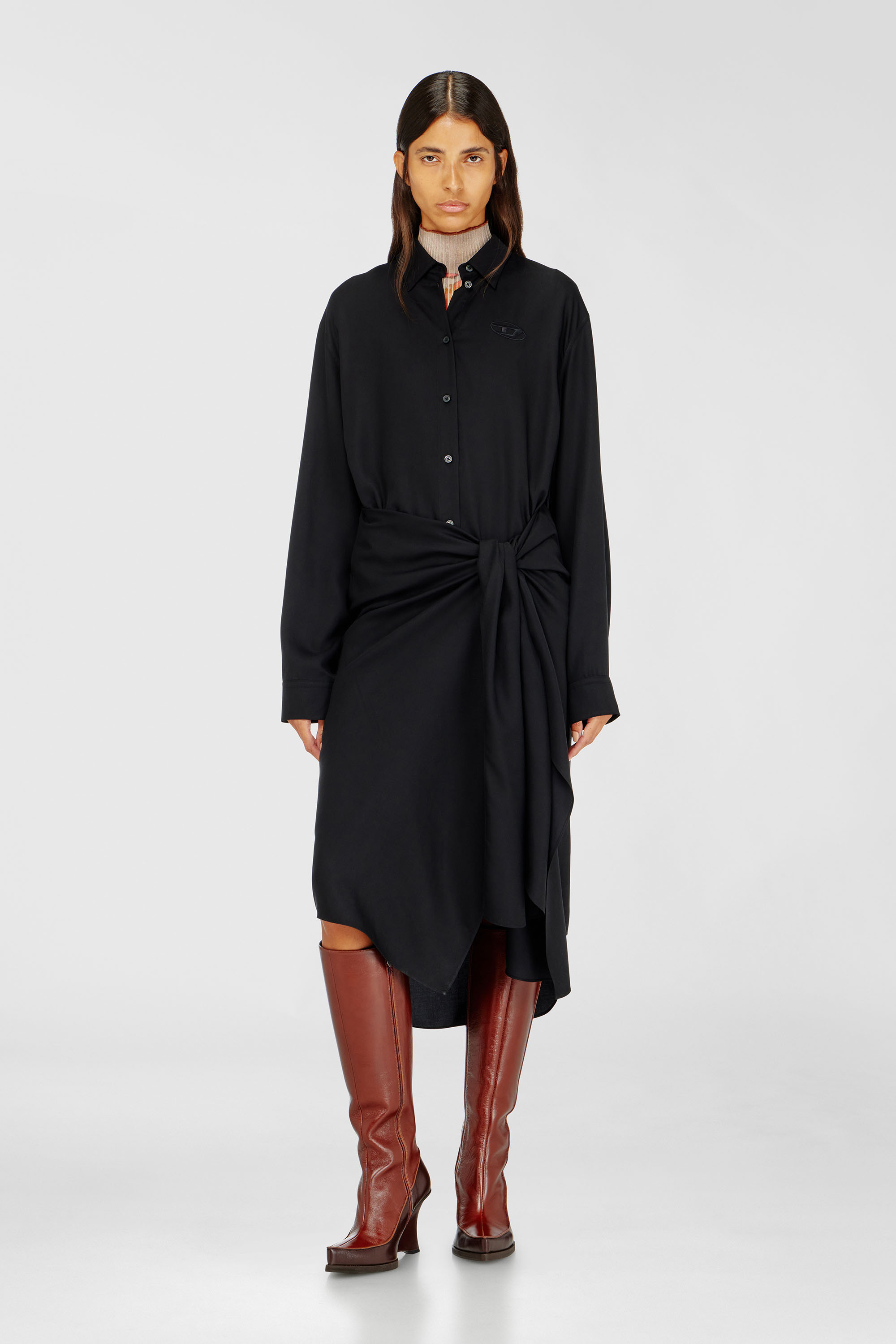 Diesel - D-ILETTA-S1, Vestido camisero midi con detalle retorcido Mujer in Negro - 1
