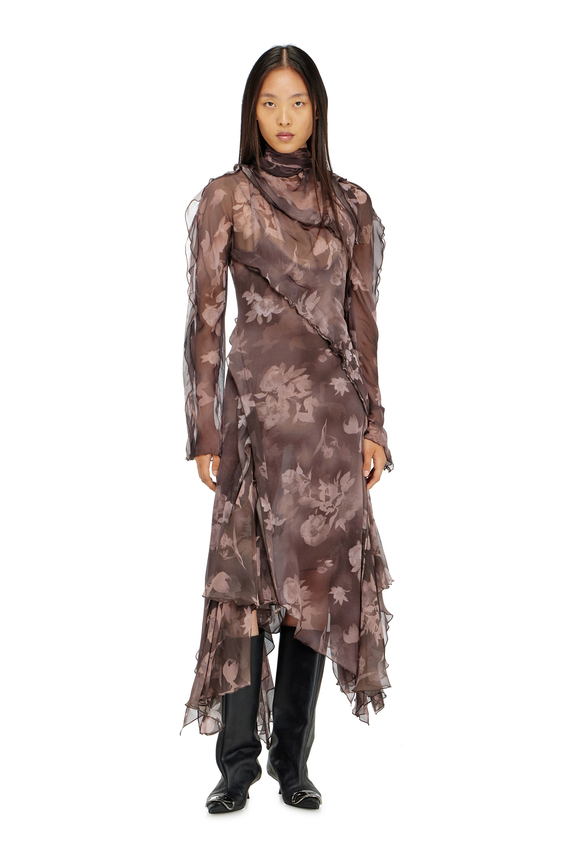Diesel - D-RIADI, Vestido midi asim&eacute;trico de gasa y crep&eacute; de seda Mujer in Marr&oacute;n - 3