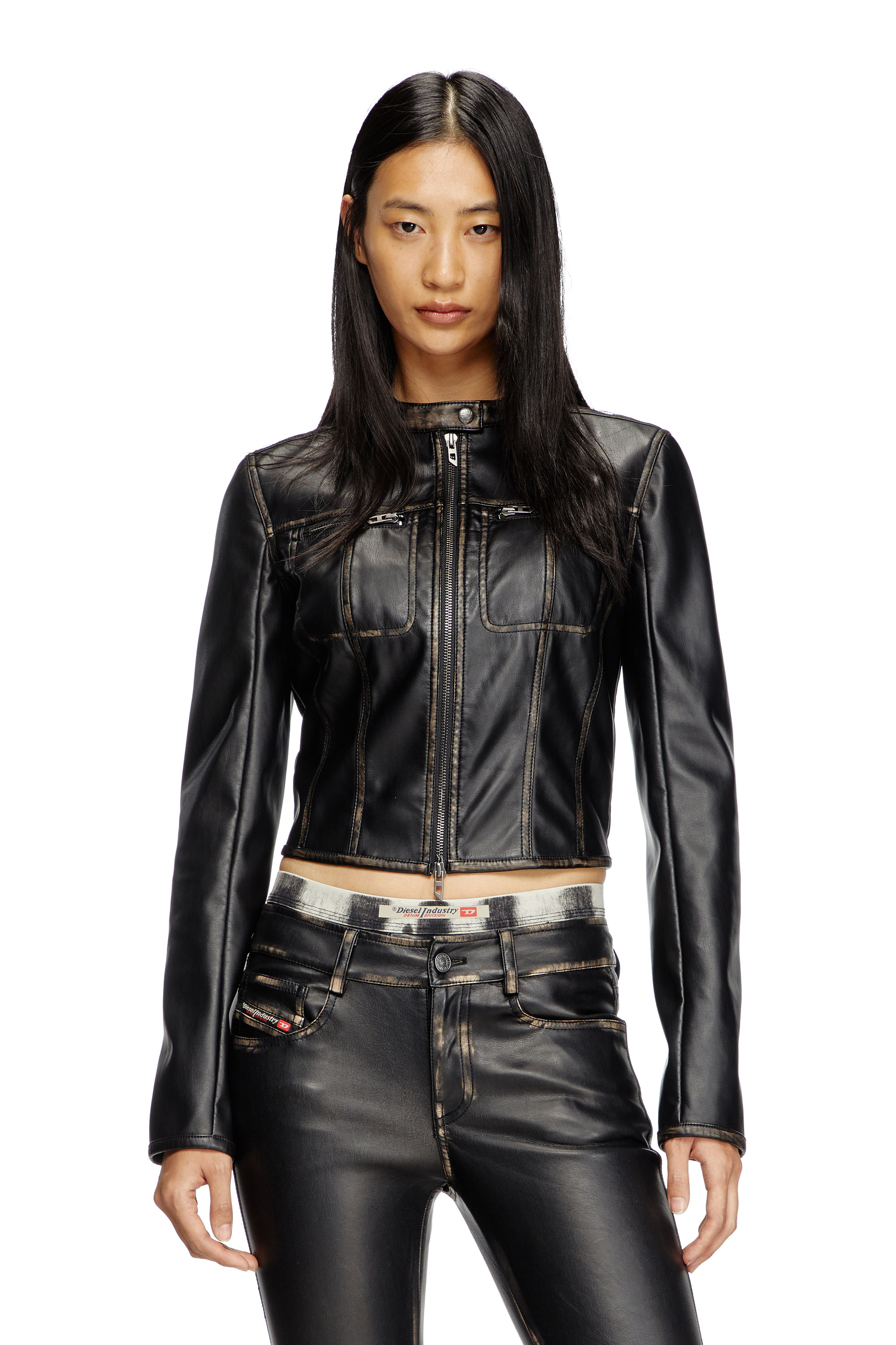 Diesel - G-LOBE, Chaqueta biker desgastada recortada Mujer in Negro - 1