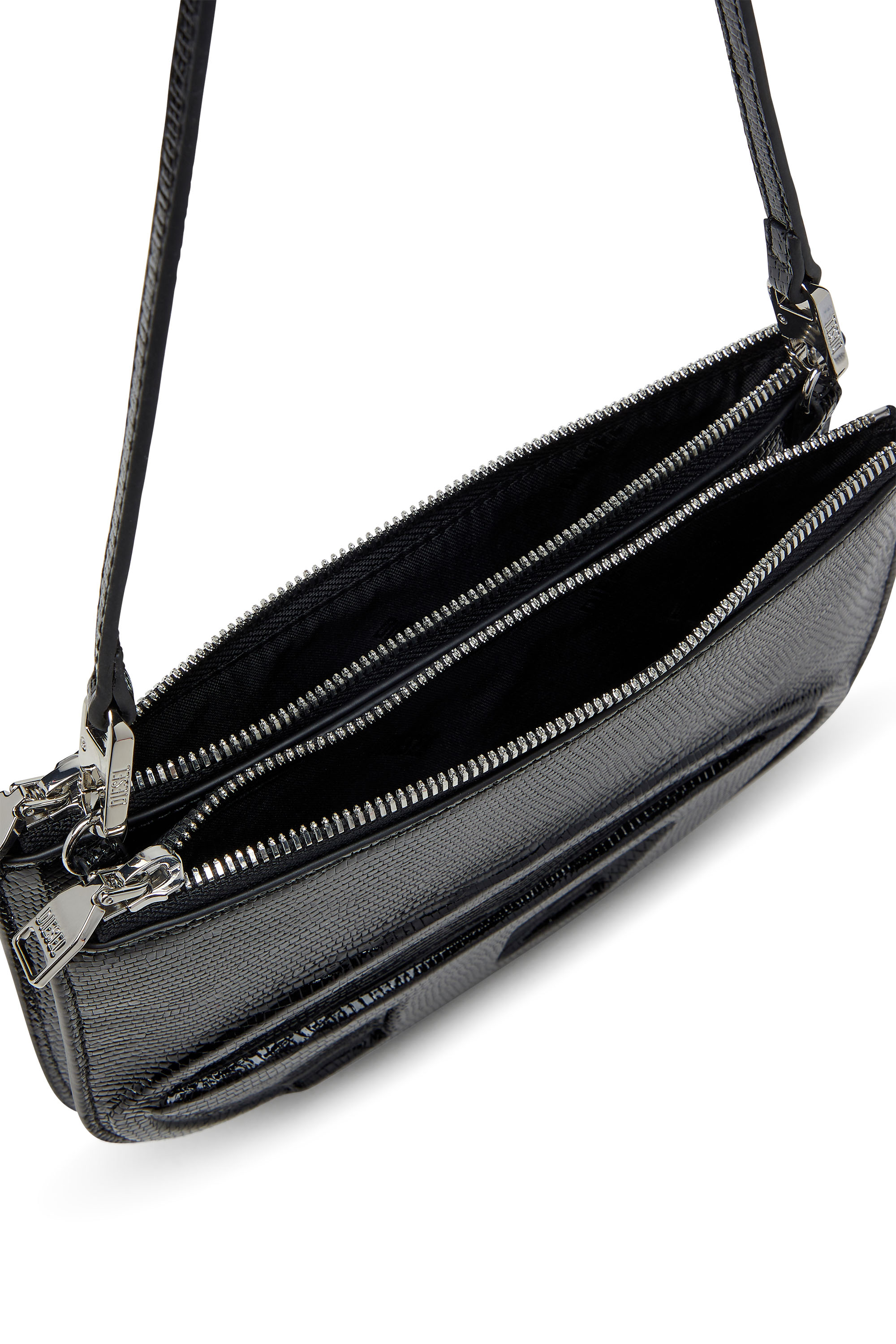 Diesel - 1DR TWIN, Bolso de hombro de doble bolsillo en cuero grabado Mujer in Negro - 3