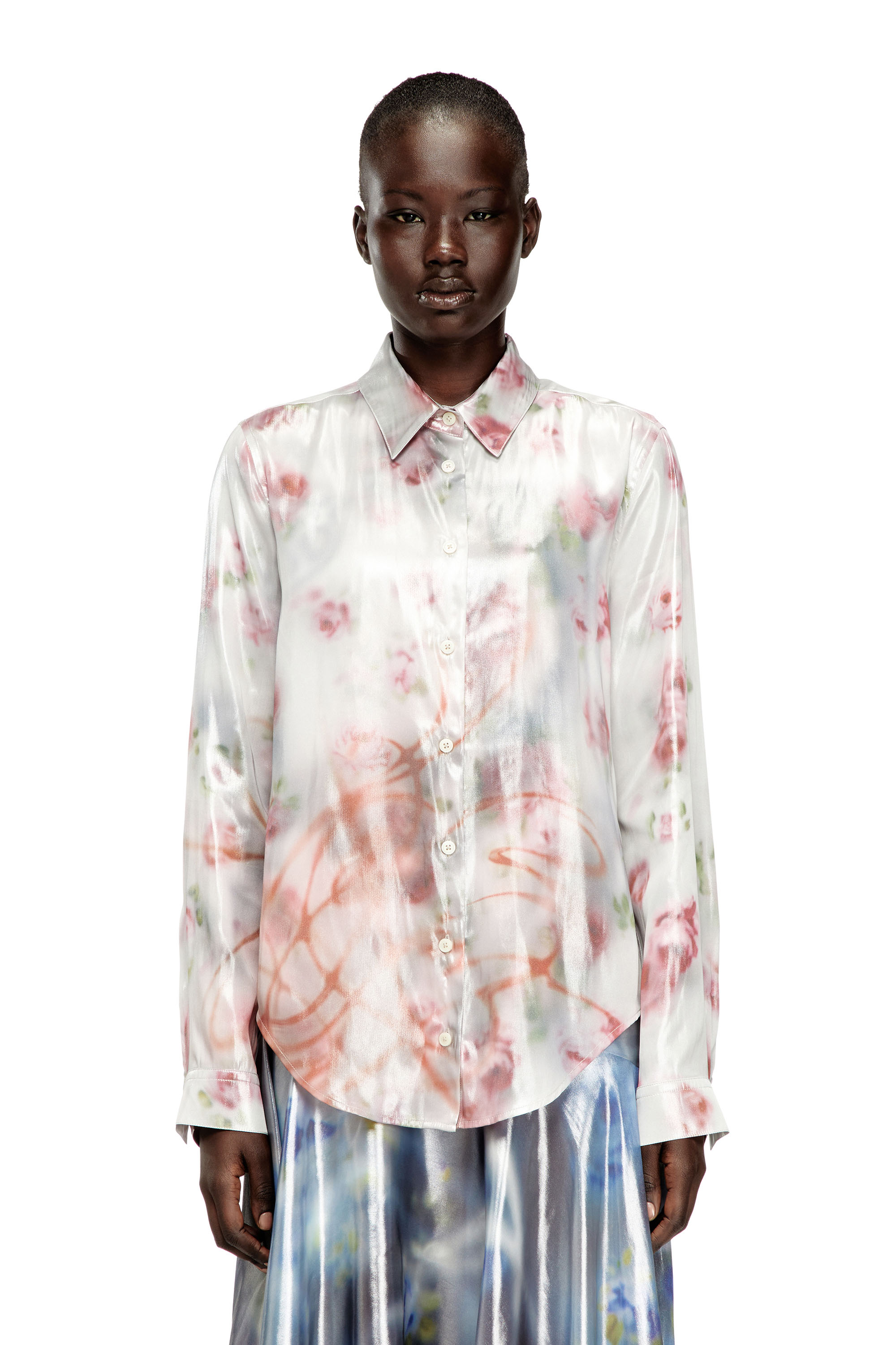 Diesel - C-RONOR-S2, Camisa metálica con estampado de rosas difusas Mujer in Multicolor - 1