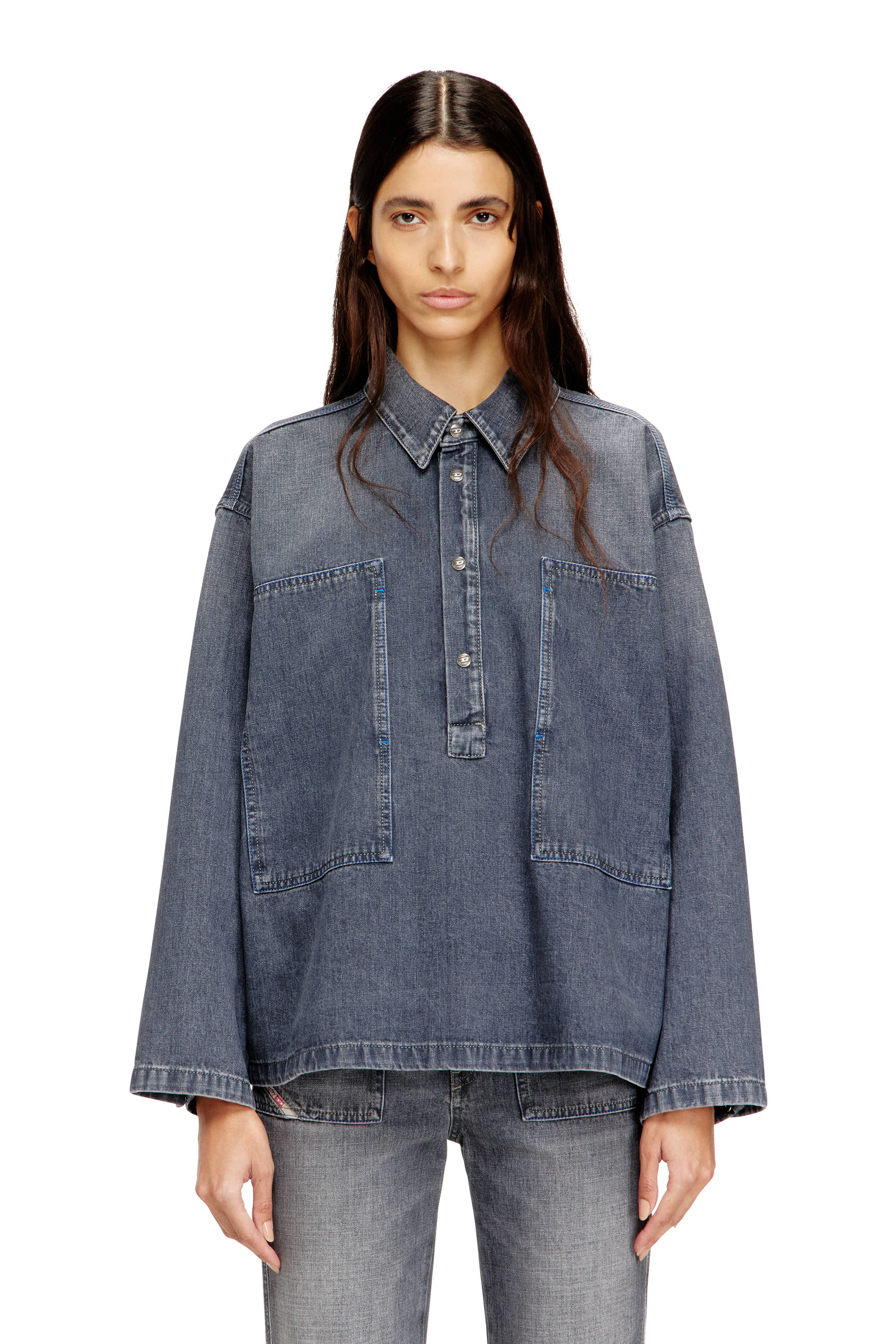 Diesel - DE-PRISS, Top Henley en denim con efecto suciedad Mujer in Gris - 1