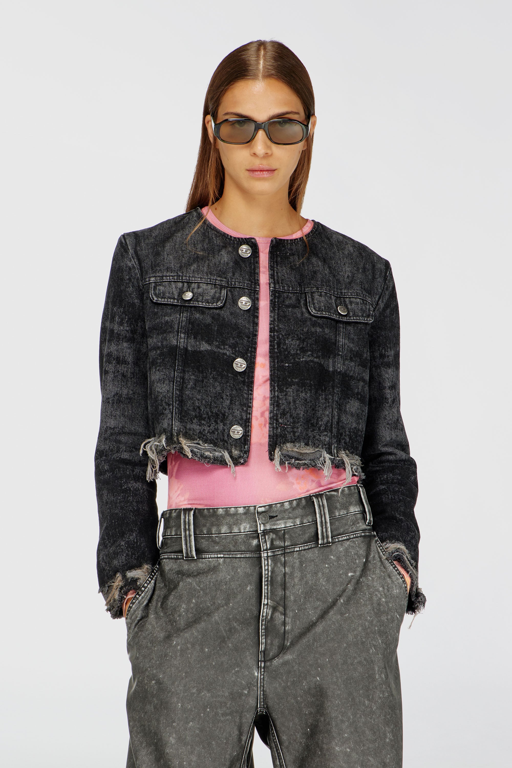 Diesel - DE-GRAFFY-FSH, Chaqueta de denim de algod&oacute;n y c&aacute;&ntilde;amo grabado con l&aacute;ser Mujer in Negro - 1