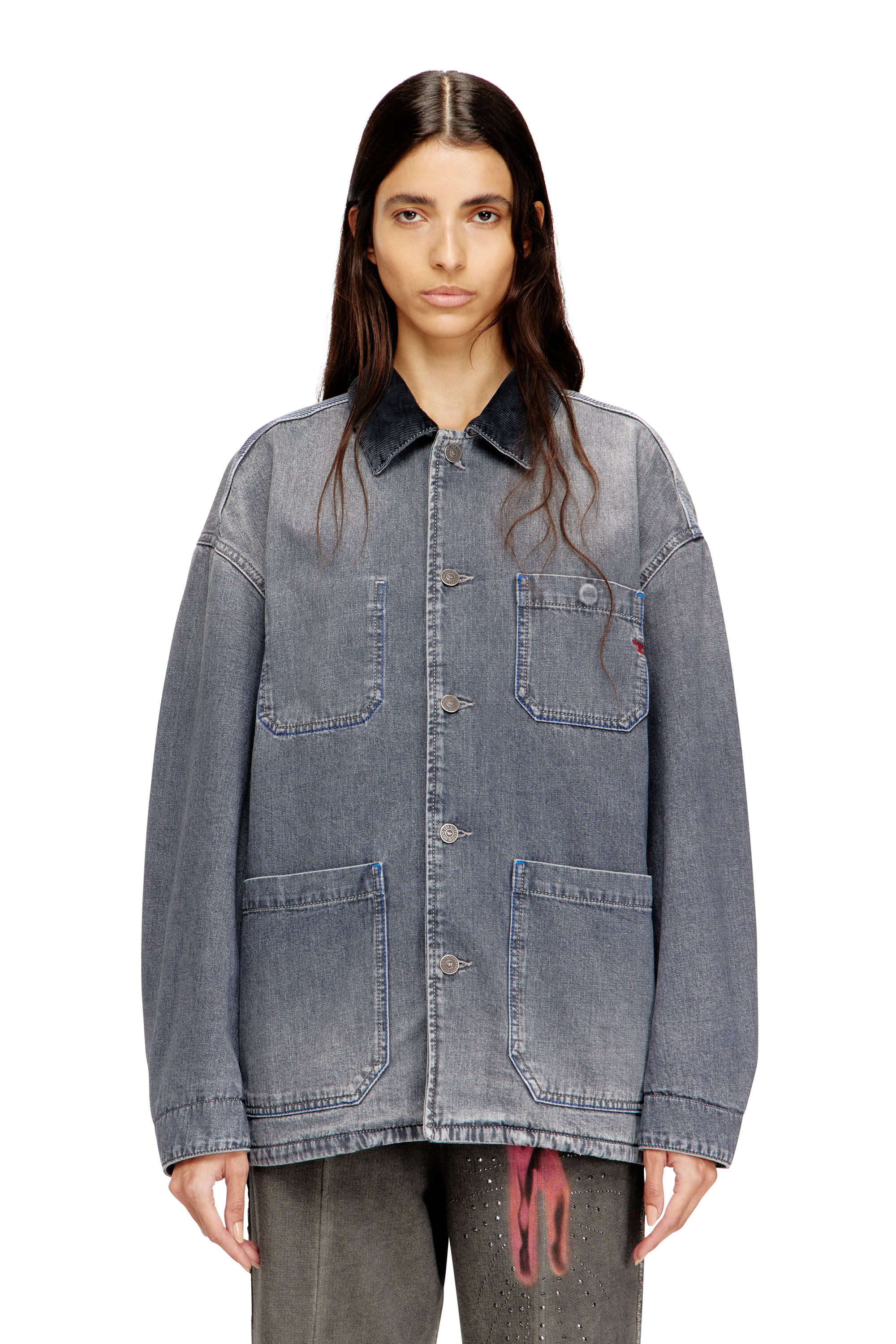 Diesel - D-STACK-U-L, Chaqueta vaquera de estilo utilitario con cuello en contraste Unisex in Gris - 1