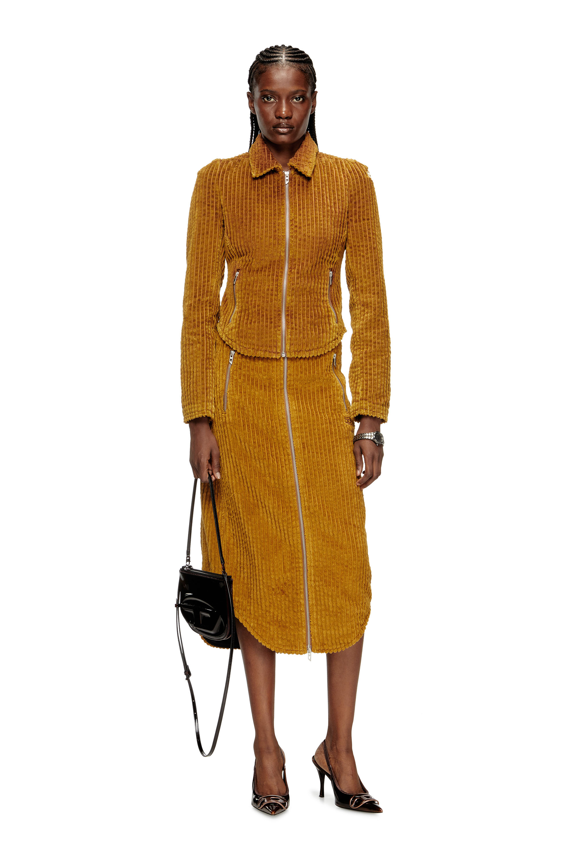 Diesel - O-LLIPOP, Falda midi de algodón con cremallera Mujer in Marrón - 1