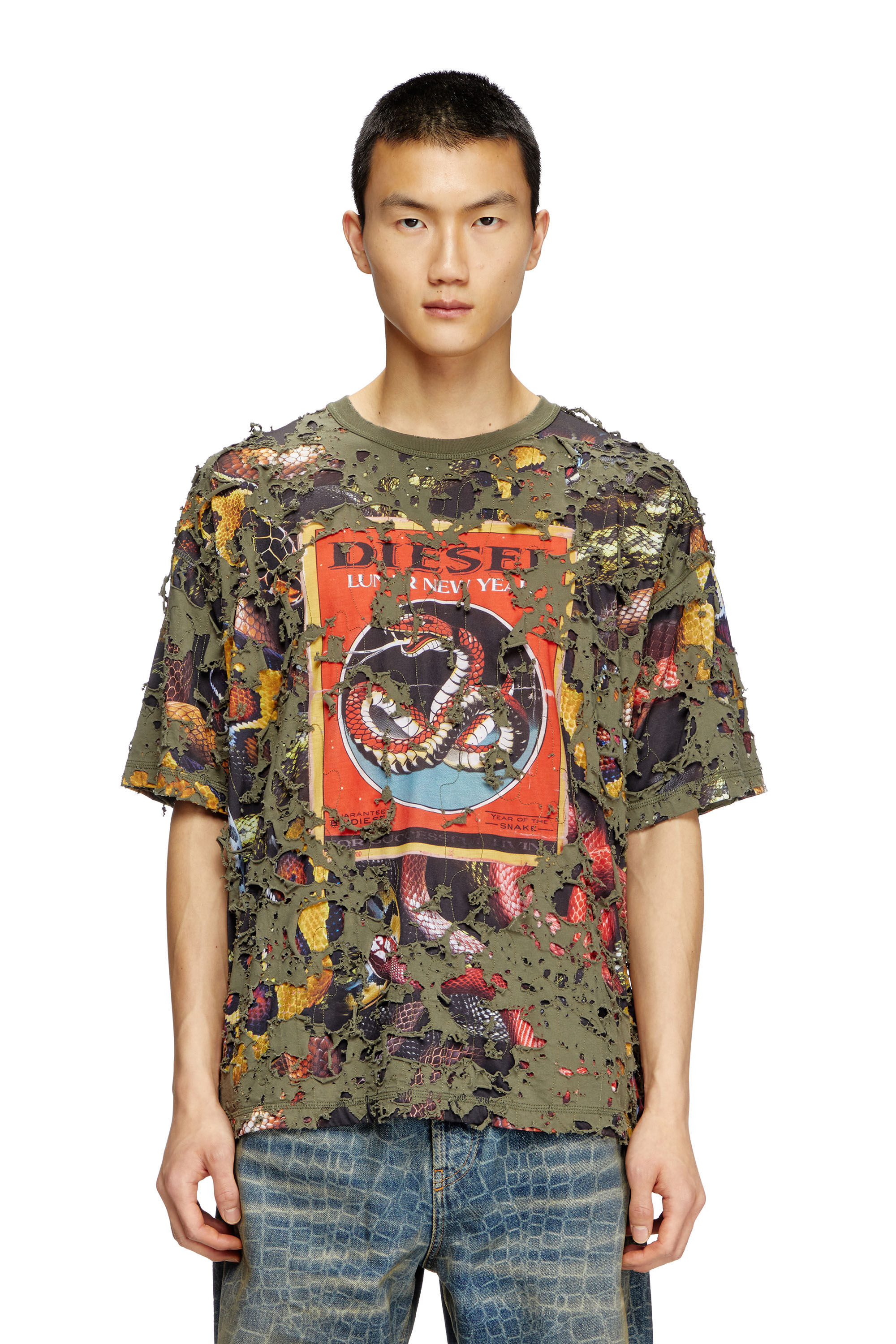 Diesel - CL-T-BOXT-DEVOR-SNAKE, Camiseta con estampado de serpiente y capa destruida Unisex in Verde - 1