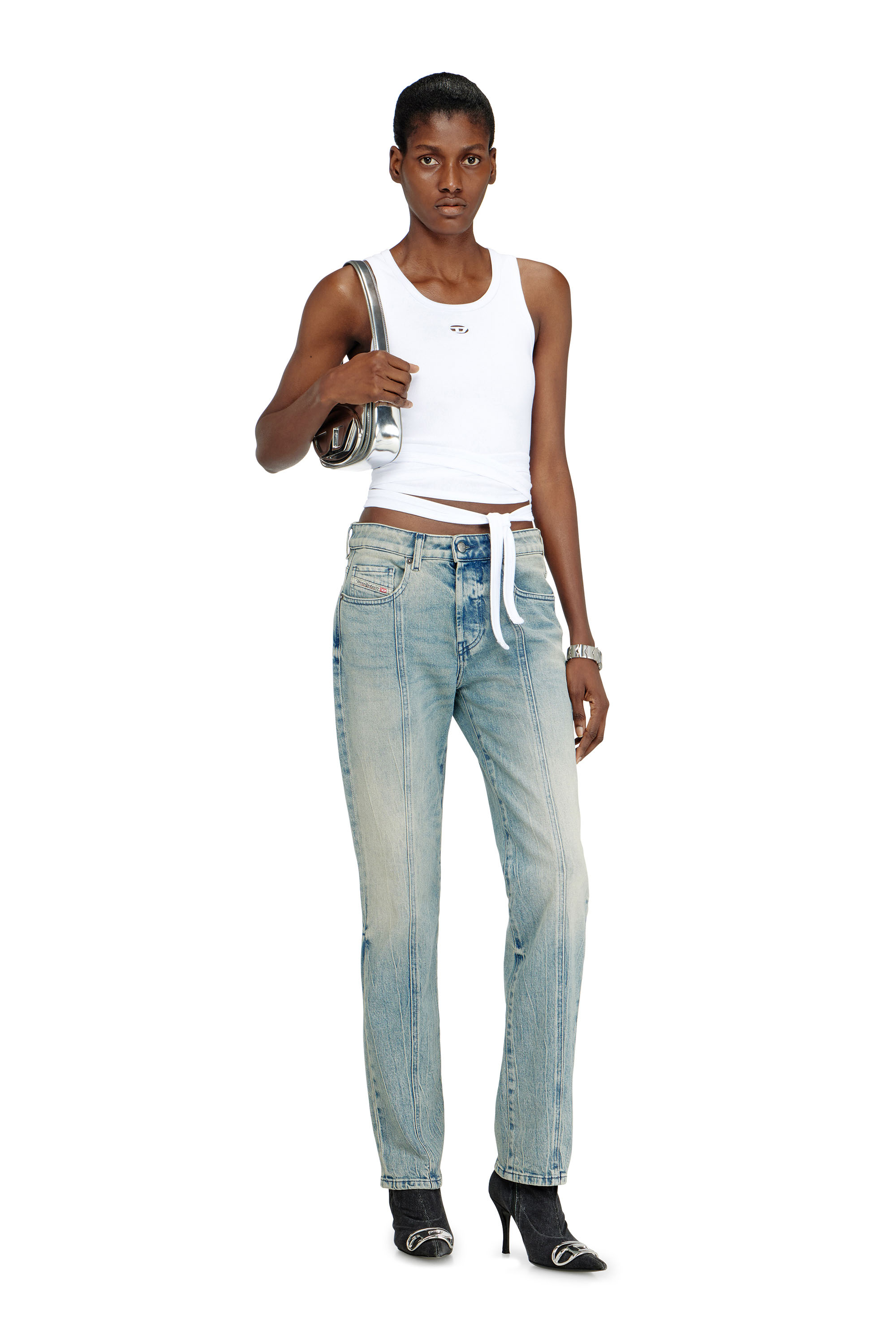 Diesel - 1DR, 1DR-Bolso ic&oacute;nico de hombro redondo de cuero espejado Mujer in Plateado - 2