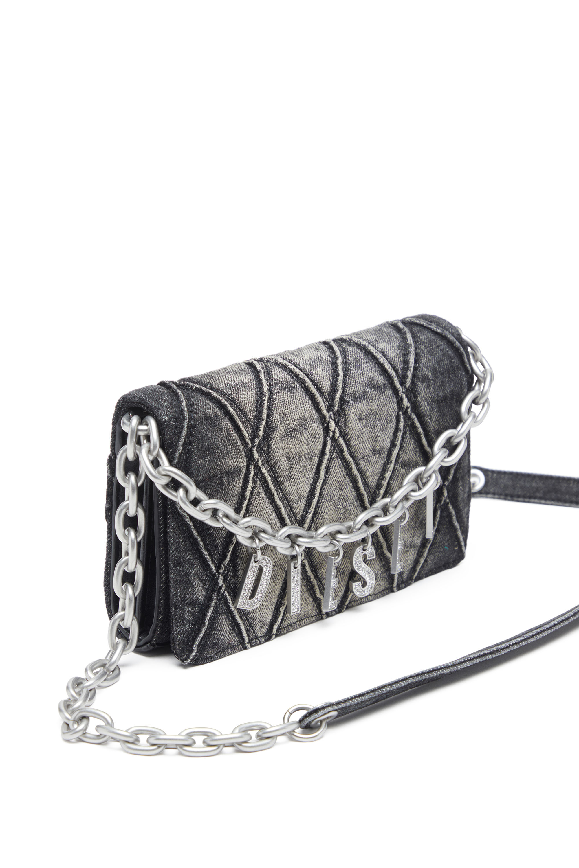 Diesel - CHARM-D WALLET STRAP, Monedero de denim acolchado con motivo argyle Mujer in Negro - 5