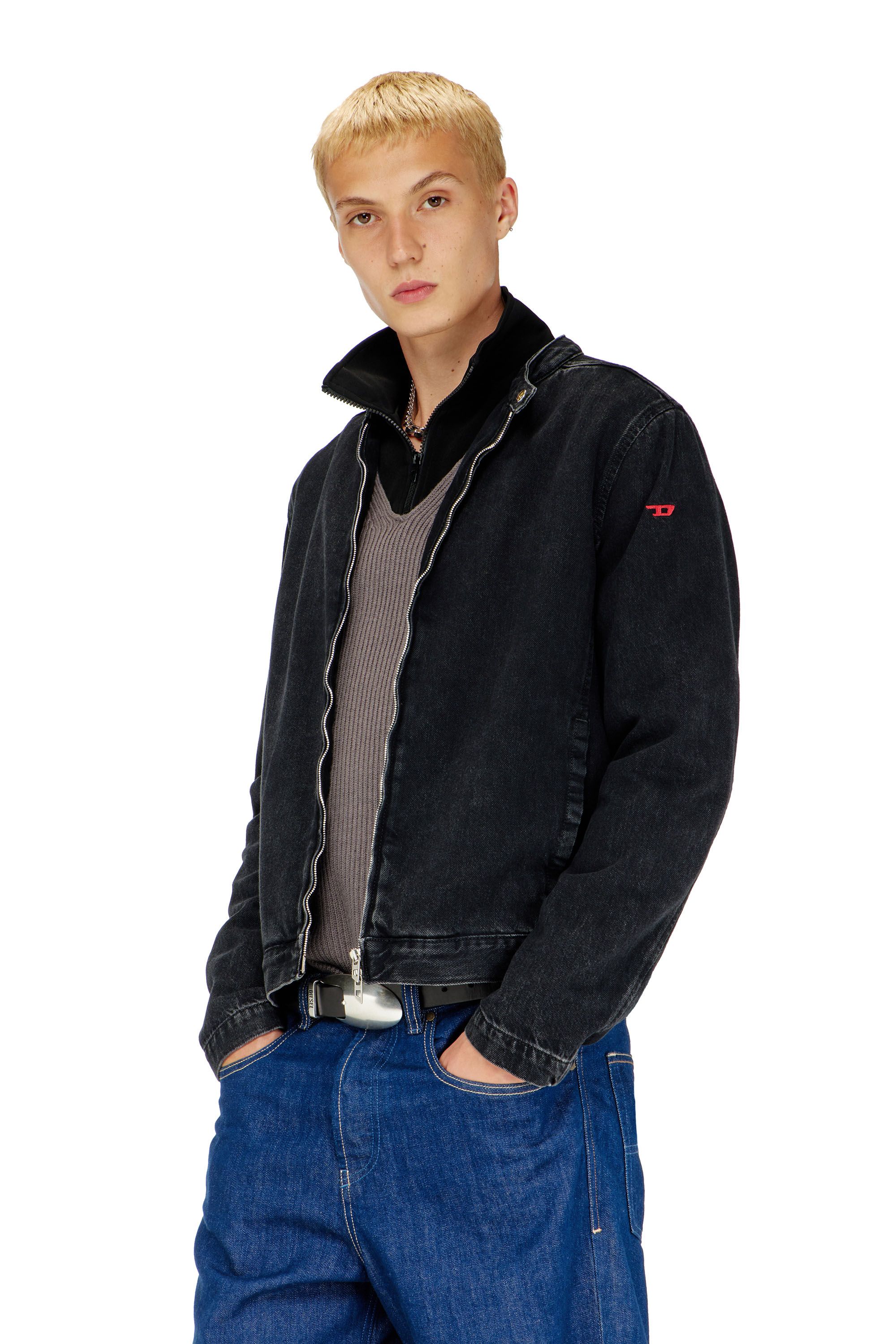 Diesel - D-GLORY, Chaqueta biker de denim con lavado oscuro Hombre in Negro - 1