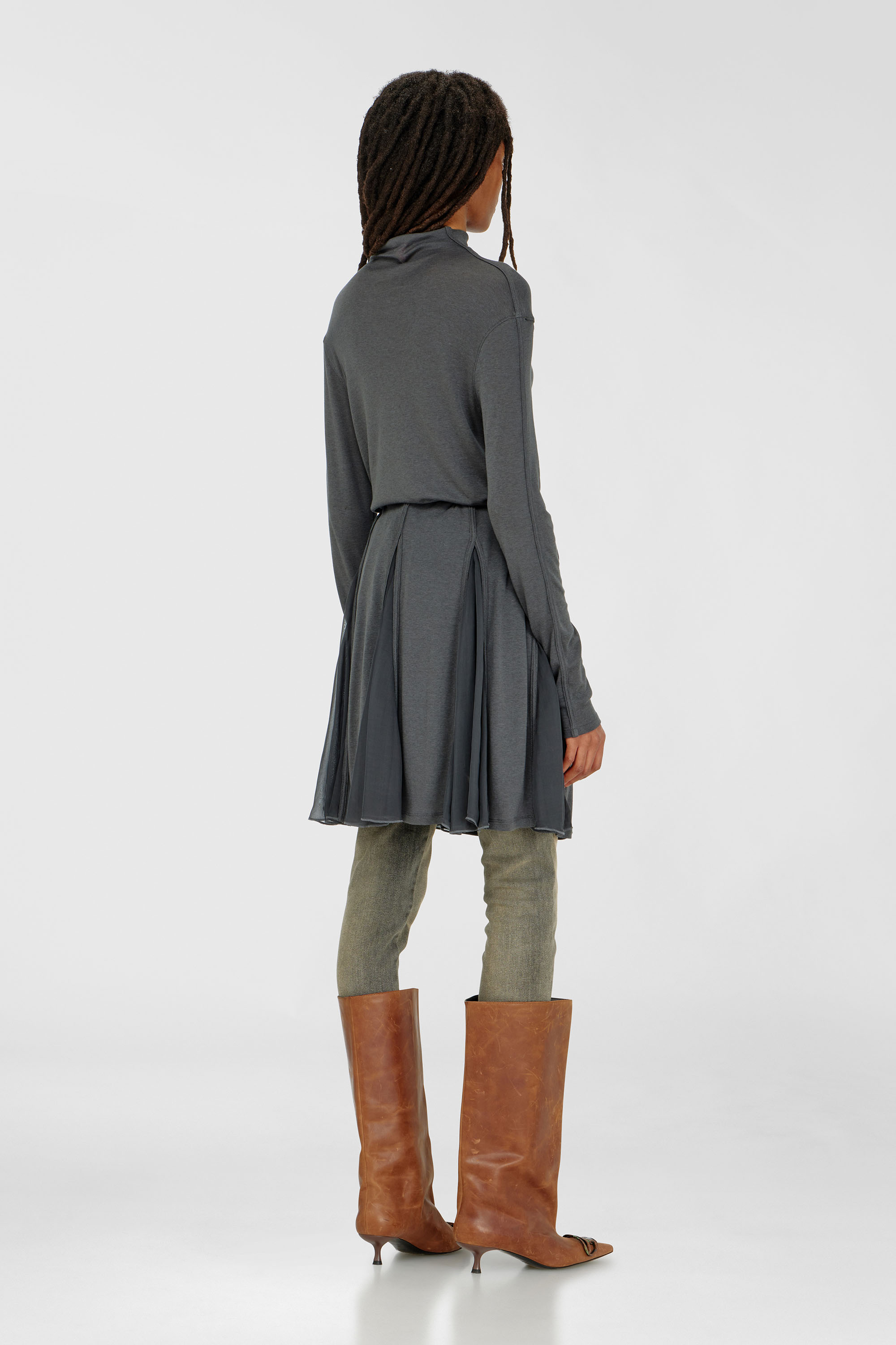 Diesel - D-REI, Vestido mini de cuello alto en punto y gasa Mujer in Gris - 4