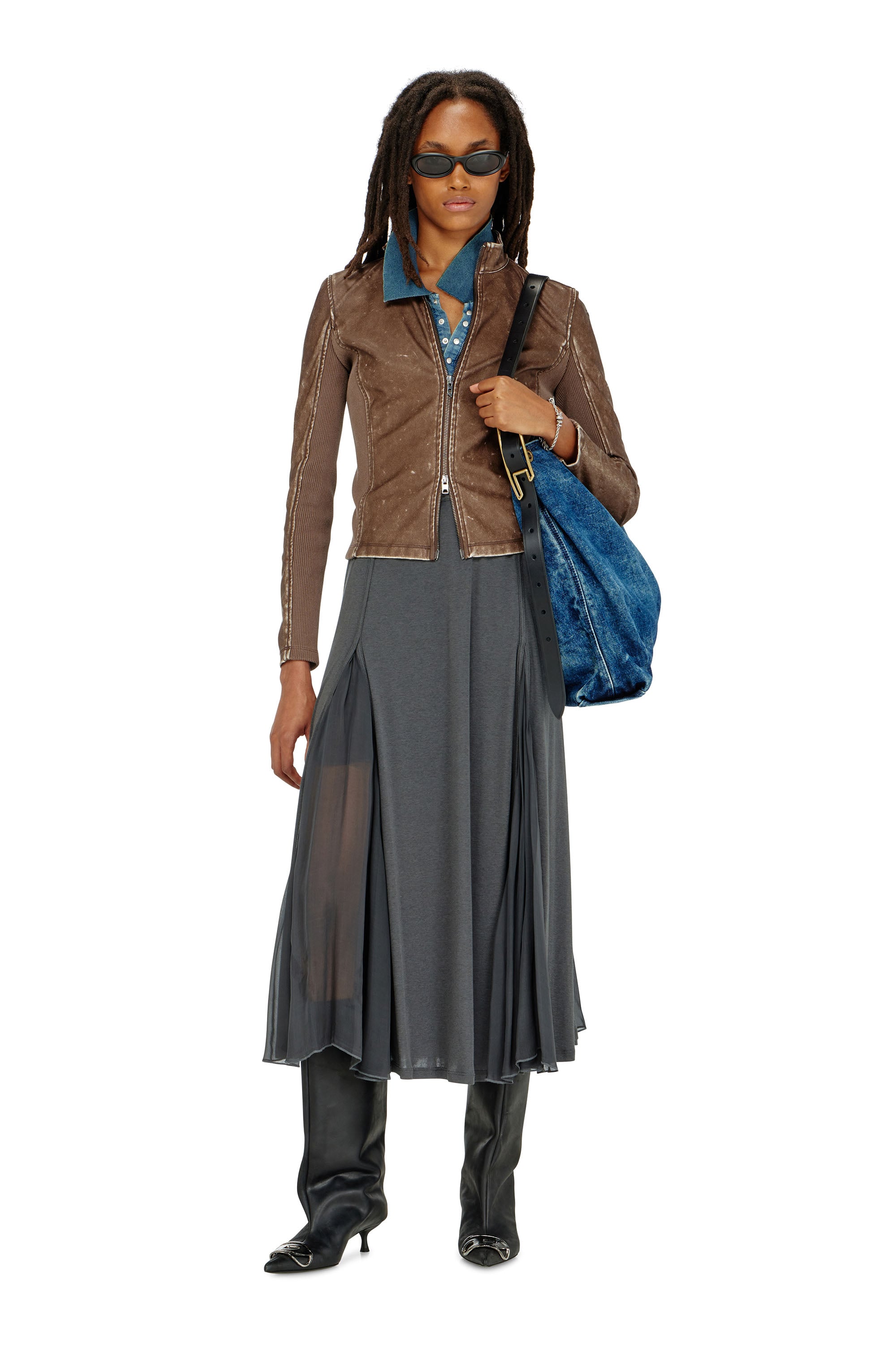 Diesel - O-LONGREI, Falda midi de punto acanalado y gasa Mujer in ToBeDefined - 1