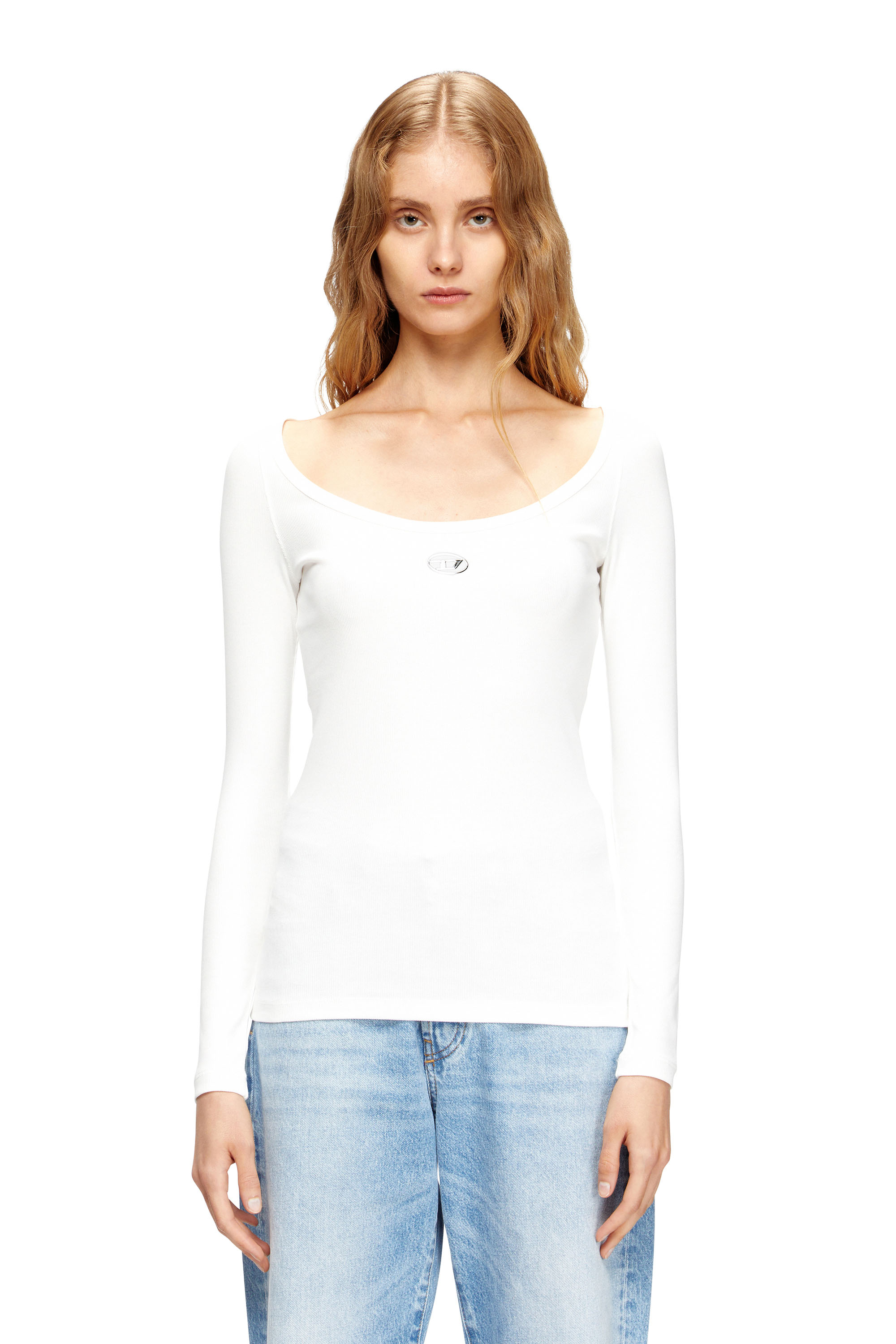 Diesel - T-BAL-OD, Top de manga larga de canalé con Oval D metálico Mujer in Blanco - 1