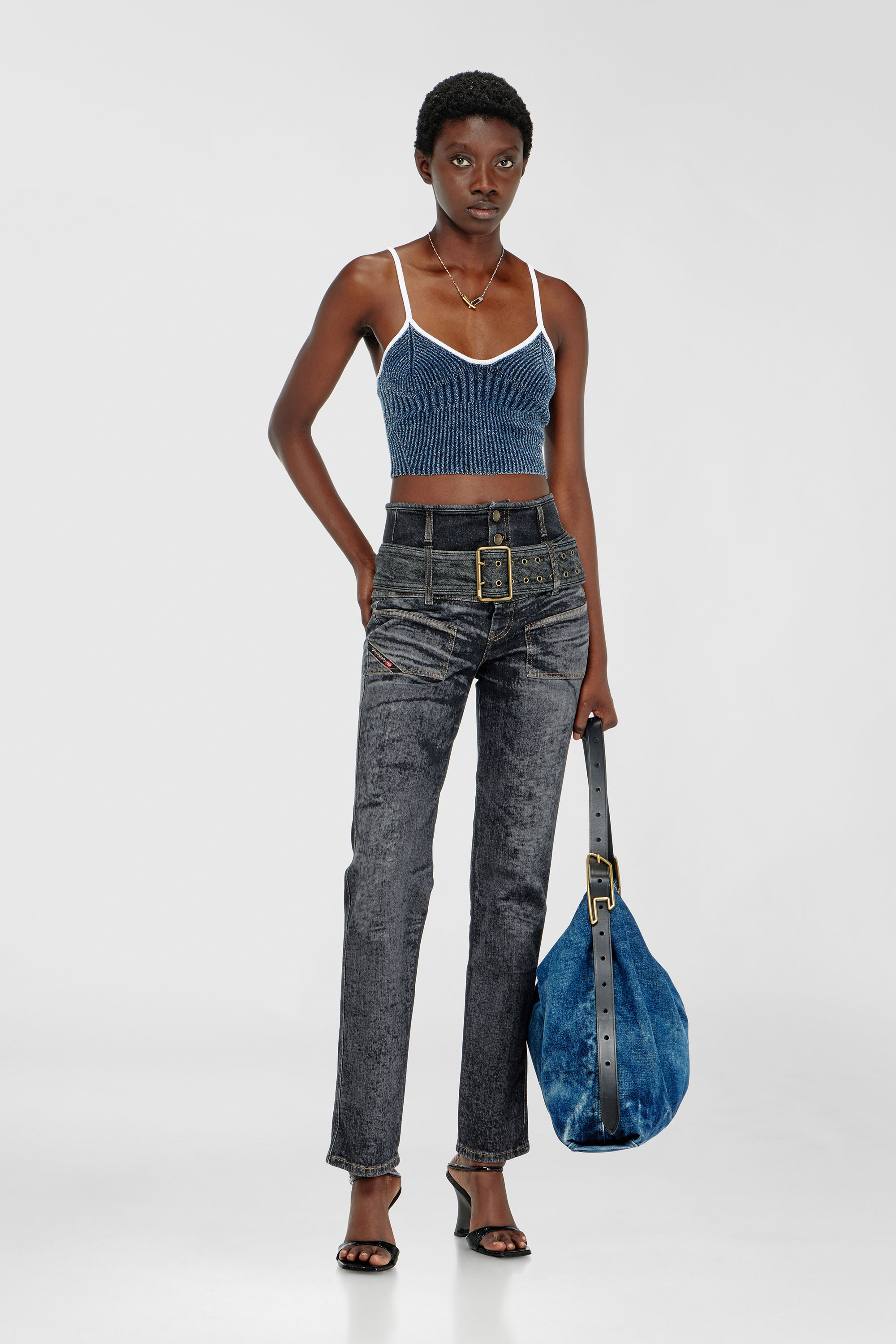 Diesel - M-ESTERE, Crop top de punto acanalado boucl&eacute; &iacute;ndigo Mujer in Multicolor - 2