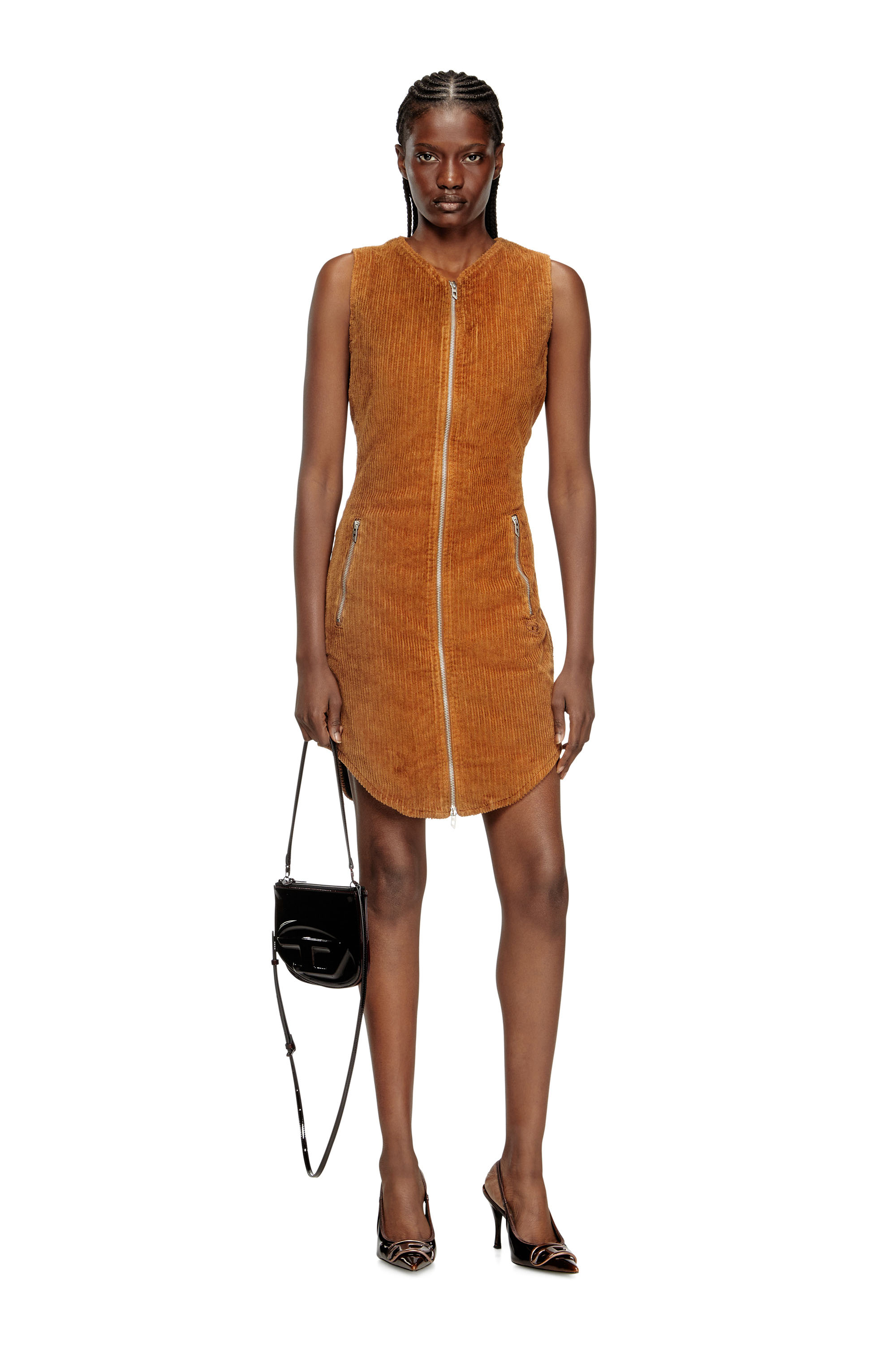 Diesel - D-ENEA, Vestido corto de algodón con cremallera frontal Mujer in Marrón - 1